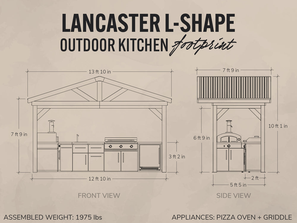 Blueprint-style outdoor kitchen designs drawing of the Lancaster L-Shape showing front and side views with a pizza oven.