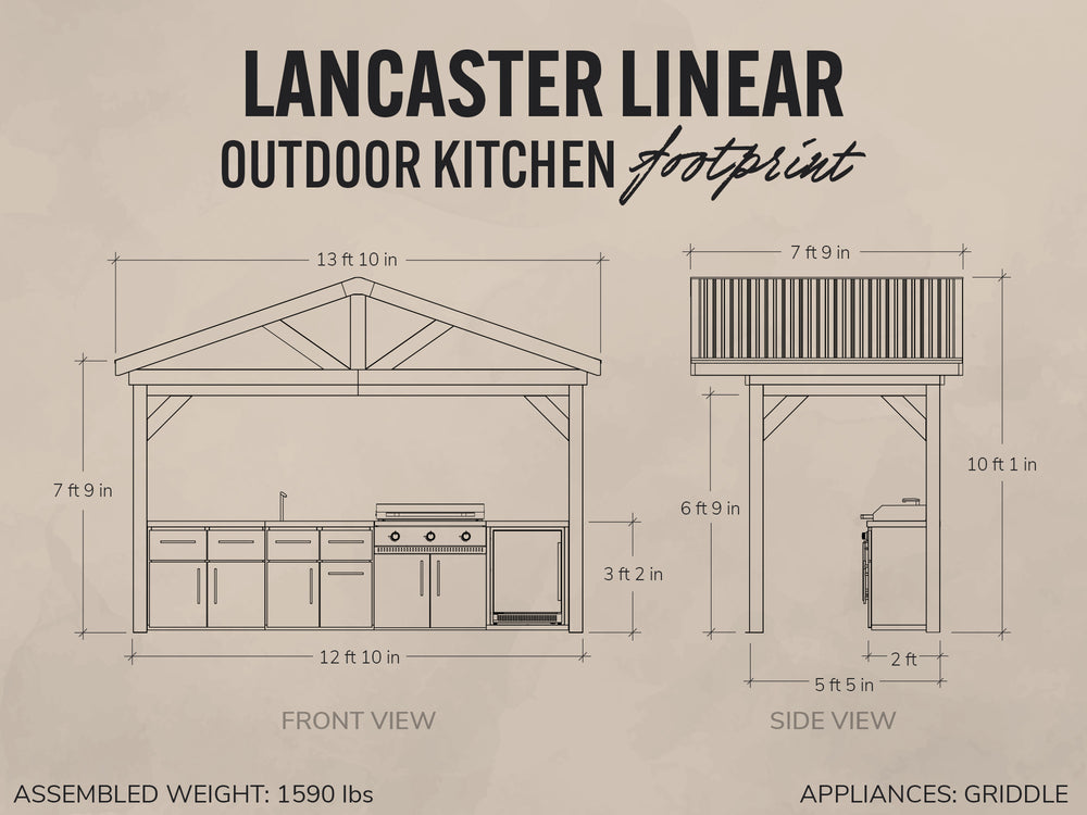 Architectural blueprint drawing of the Lancaster Linear outdoor kitchen island with a galvanized steel roof, griddle.