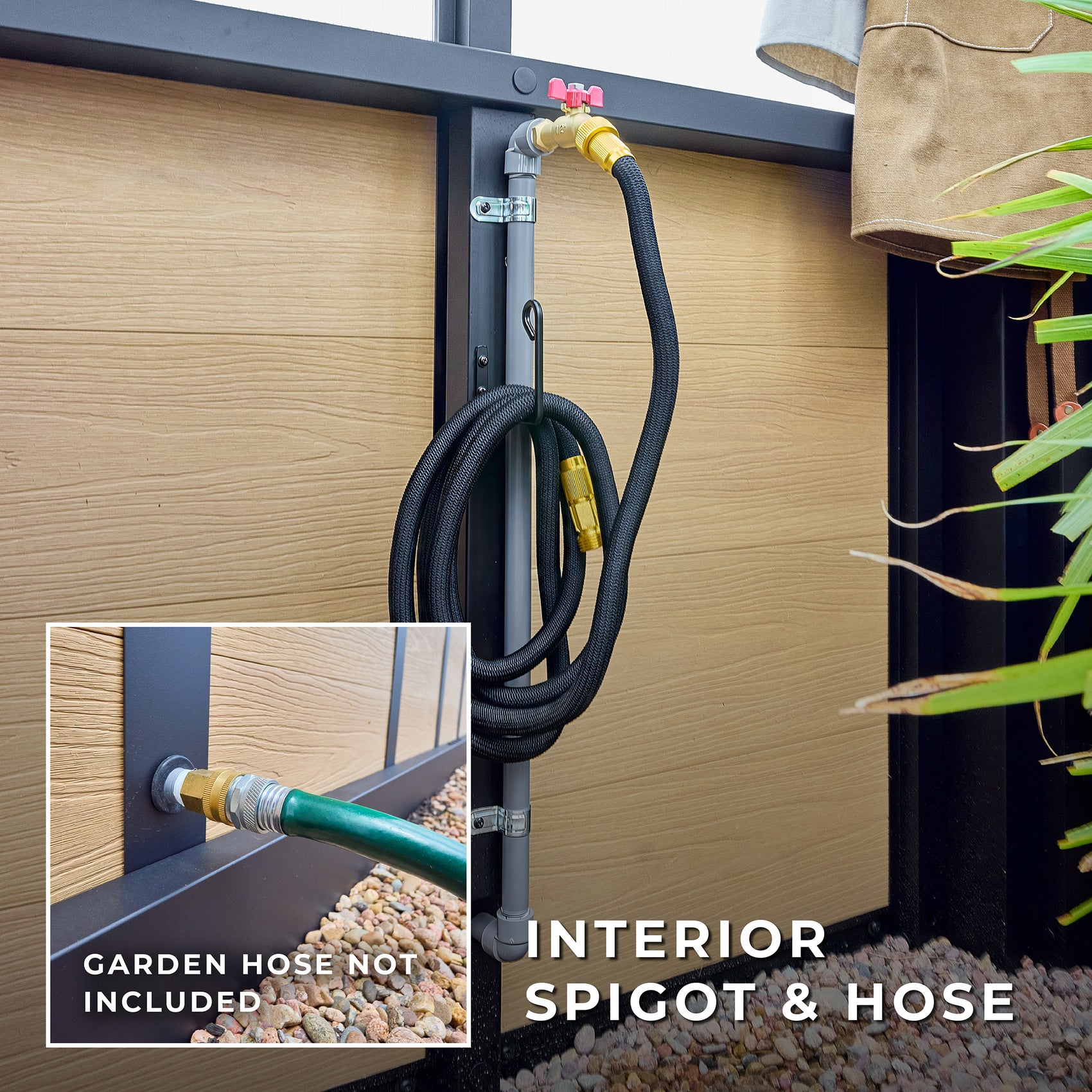 A built-in interior spigot and short hose let you connect a garden hose directly inside the Larkspur backyard greenhouse.