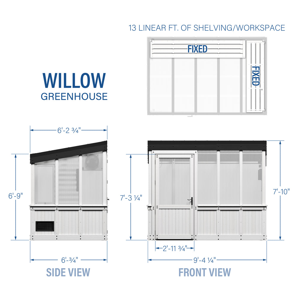 Dimensional drawings of the White Willow greenhouse with front, side, and top interior views.