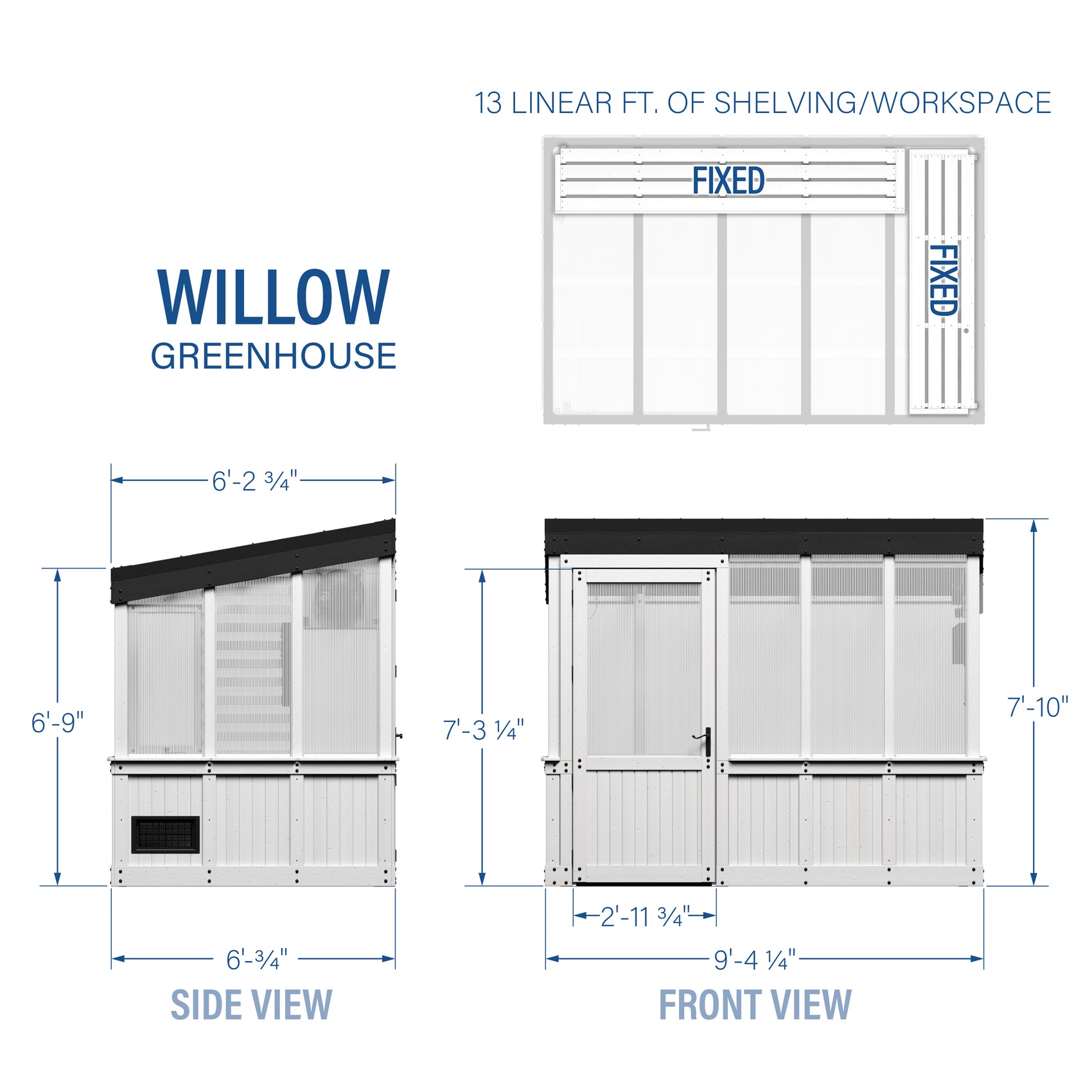Dimensional drawings of the White Willow greenhouse with front, side, and top interior views.