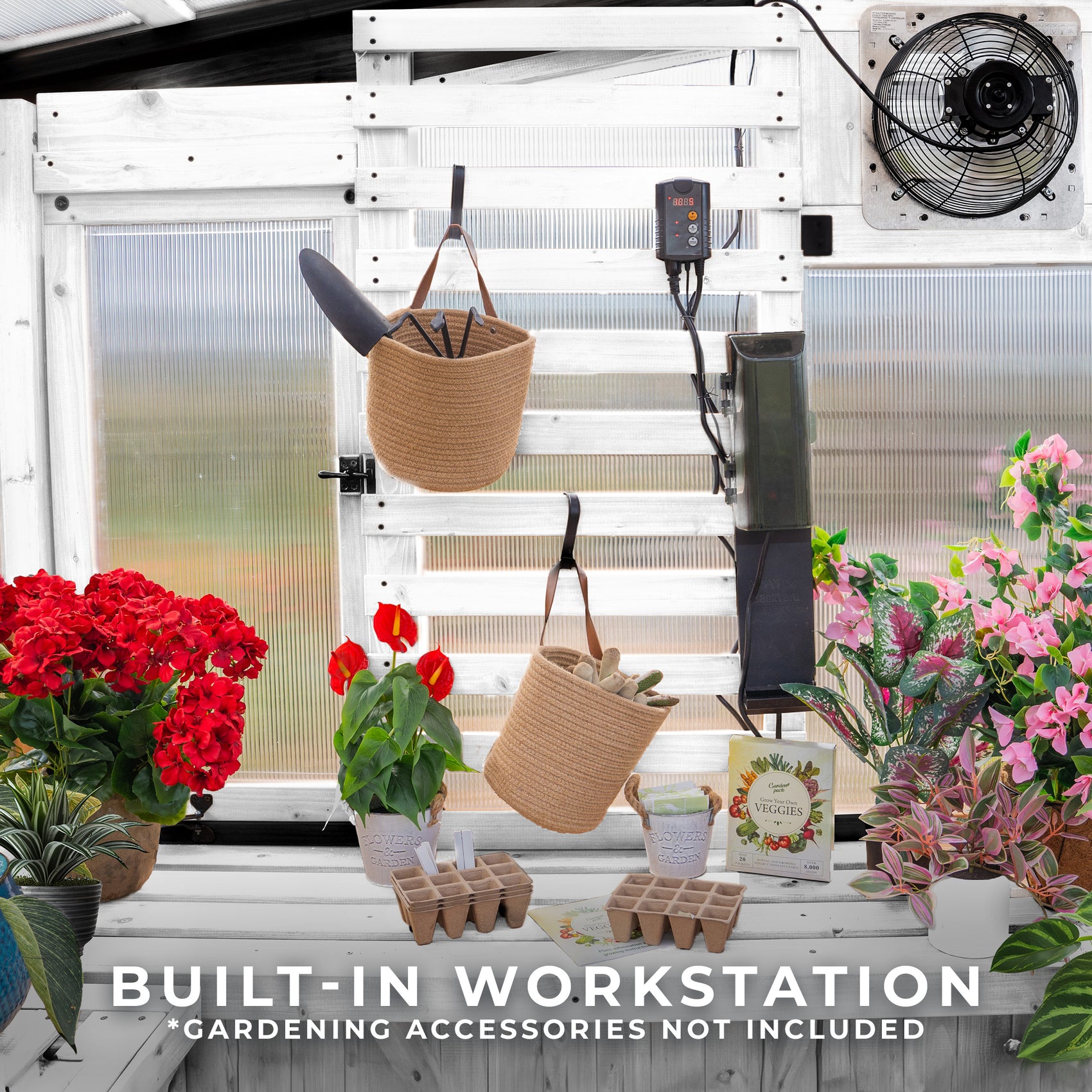 Inside the White Willow greenhouse, a slat wall holds hanging baskets of tools and gloves above a workbench with seed trays.
