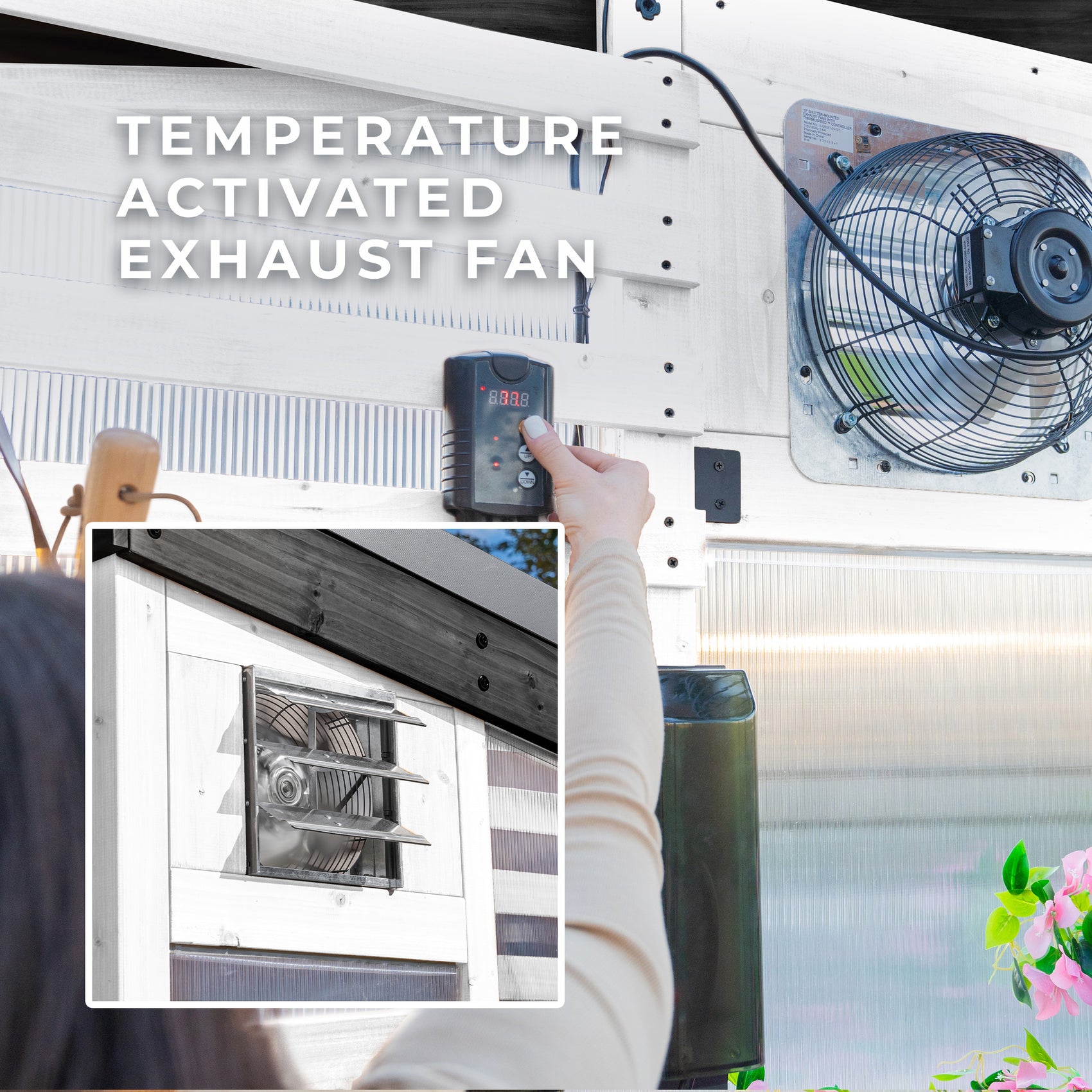 A person adjusts the thermostat-activated exhaust fan on the White Willow greenhouse wall to control interior temperature.