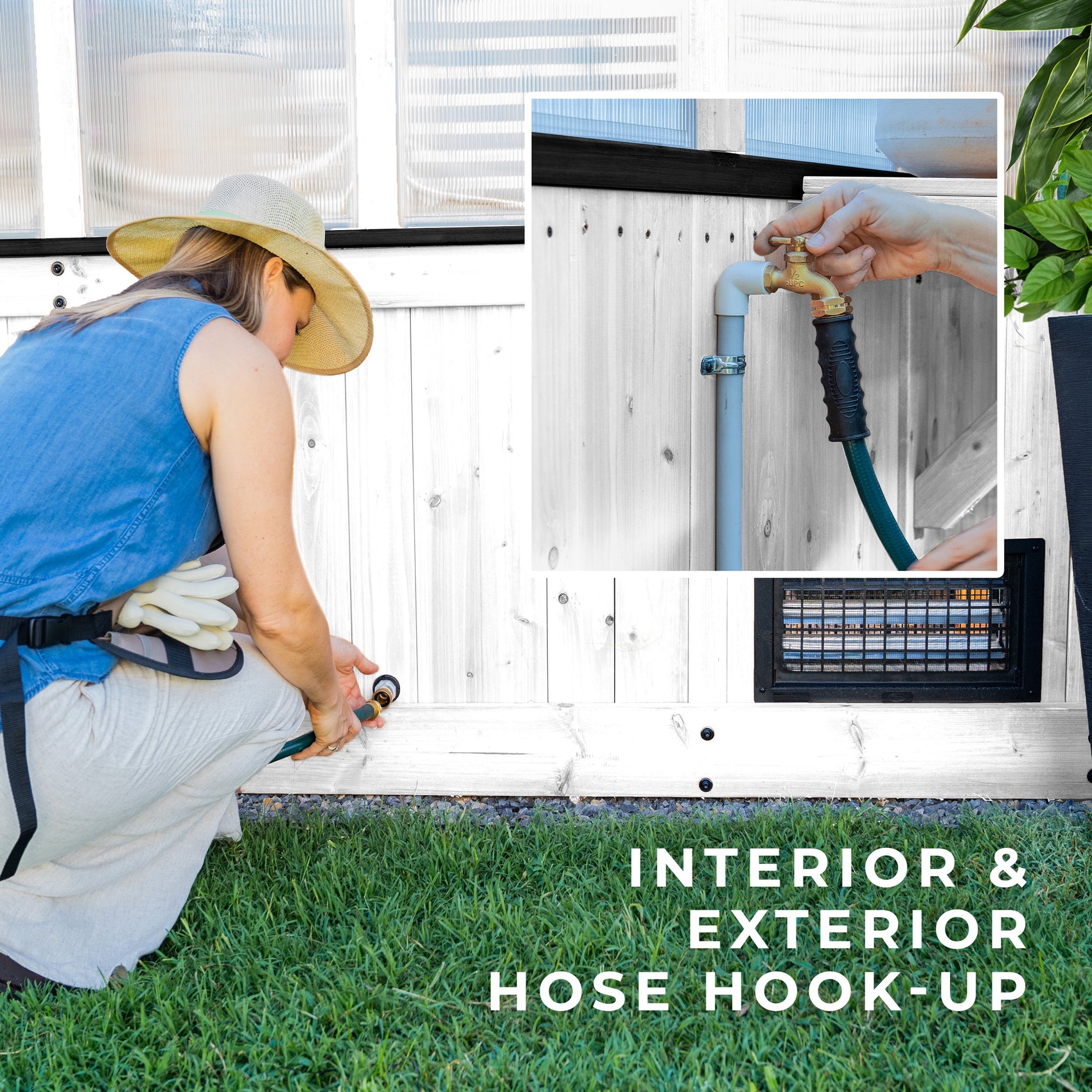 Woman connecting a garden hose to the exterior hookup on the White Willow greenhouse kit's base panel.