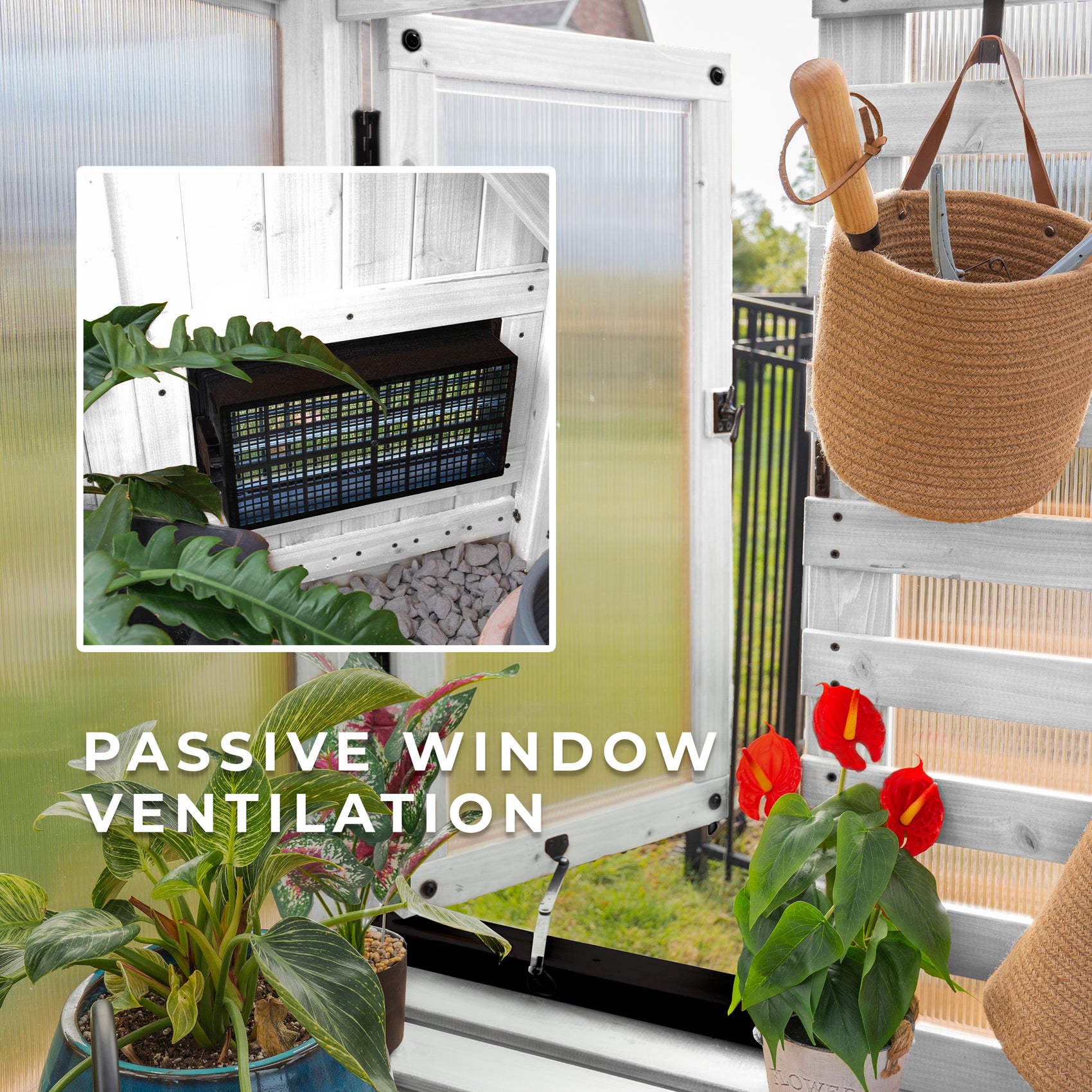 A low intake vent with a mesh grille sits at the base of the White Willow greenhouse kit door for improved airflow.