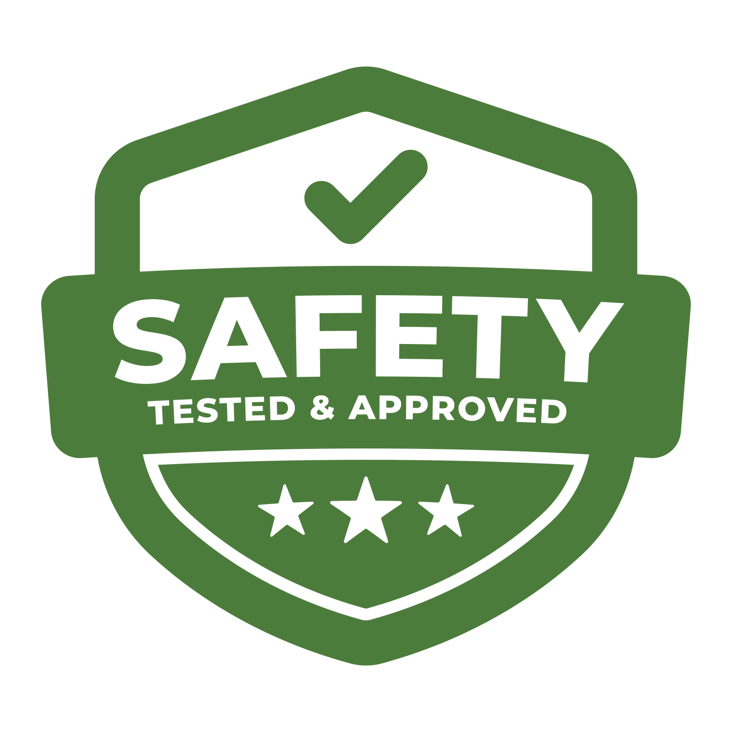 Green and white safety badge with 'SAFETY TESTED & APPROVED' text on a white background