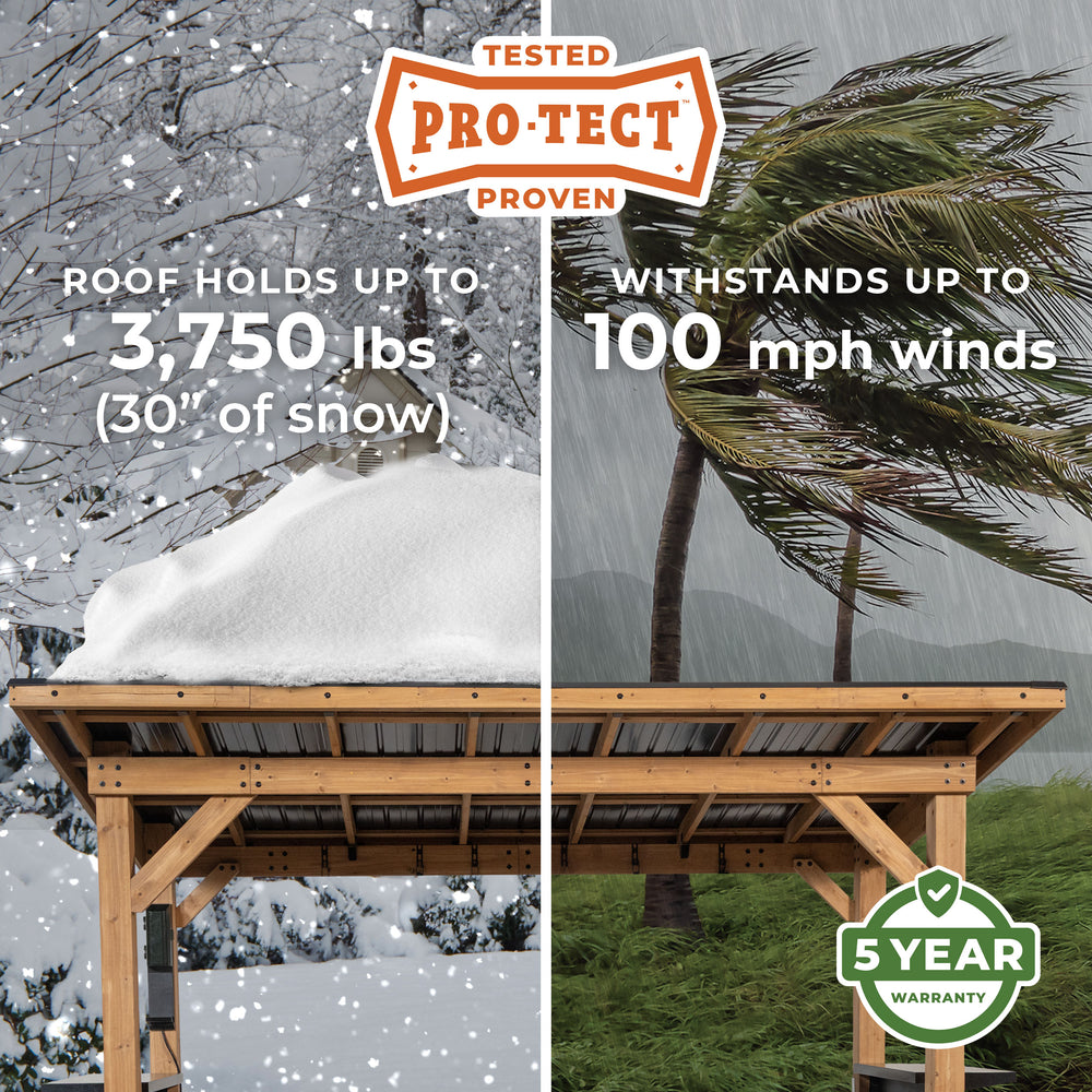 Hardtop bbq grill gazebo withstands heavy snow loads and high winds with five-year warranty protection.
