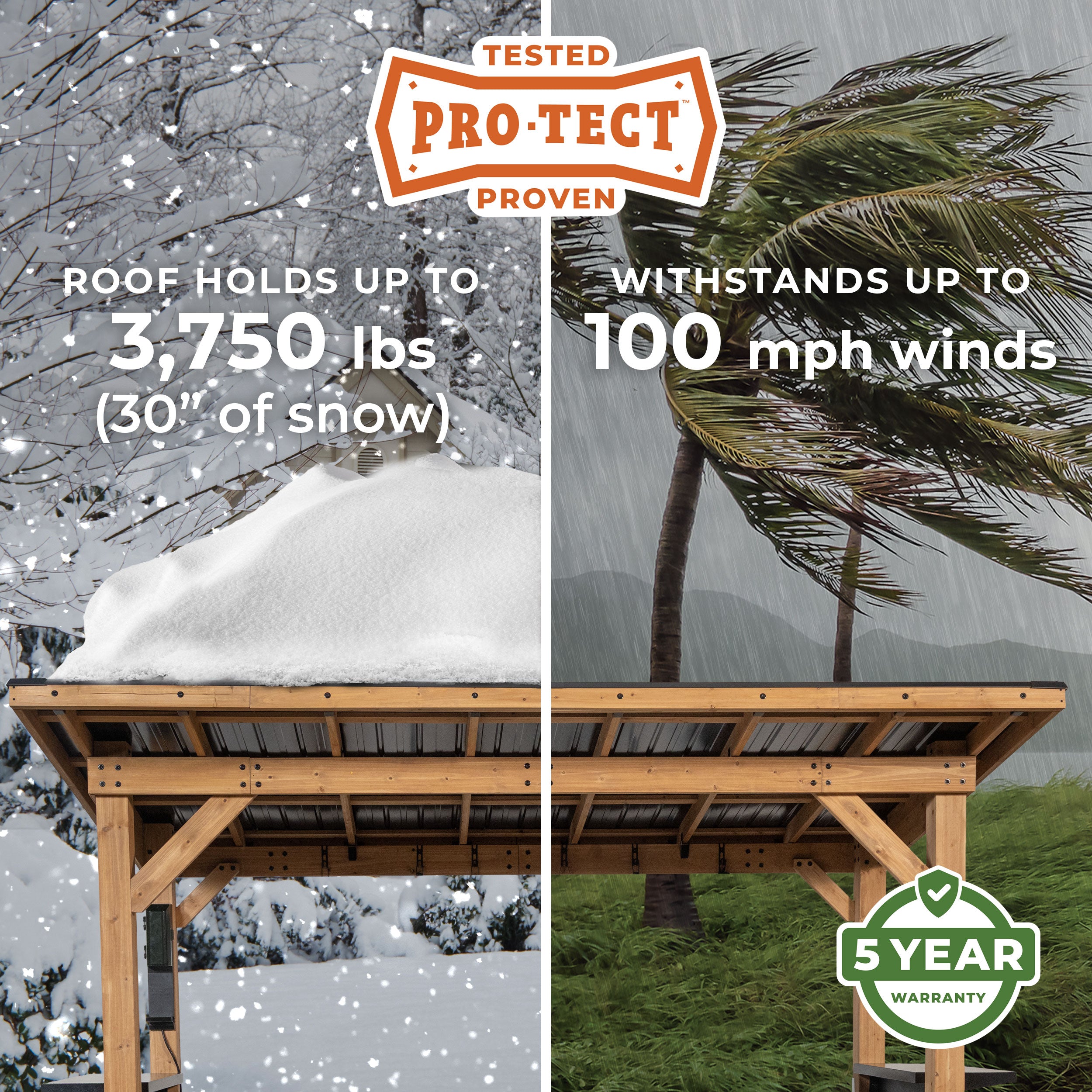 Hardtop bbq grill gazebo withstands heavy snow loads and high winds with five-year warranty protection.