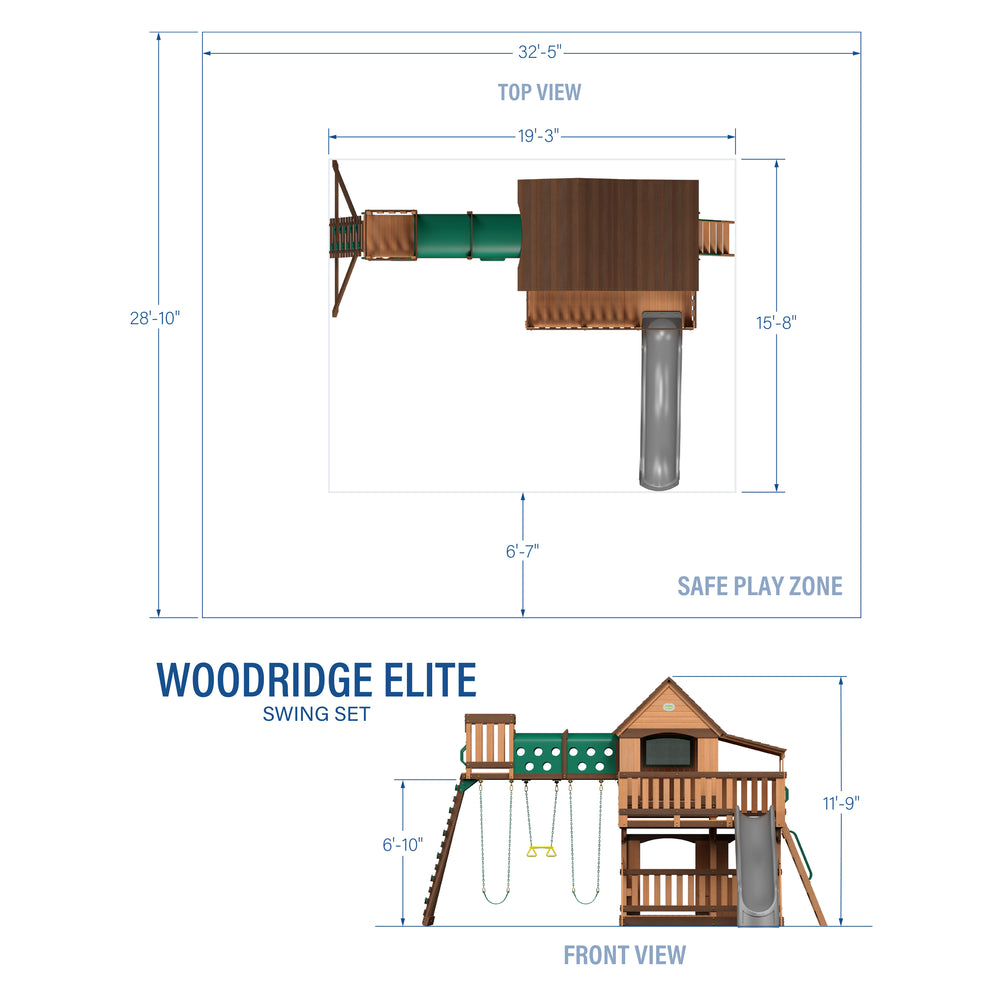Woodridge Elite Swing Set dimensions  - gray slide