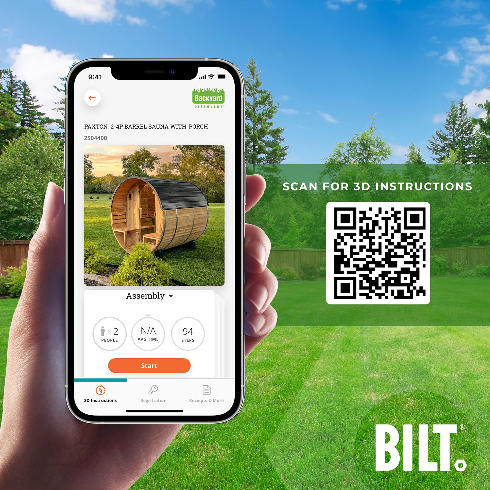 Phone with BILT app and QR code for Paxton 2-4 person outdoor barrel sauna kit with porch DIY assembly