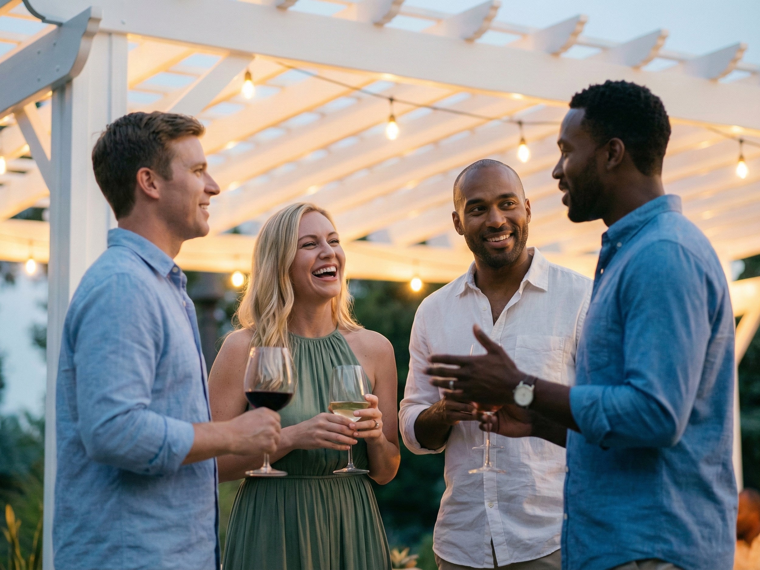 Friends enjoying wine under a white Stratford steel pergola with roof at an evening outdoor gathering with string lights.