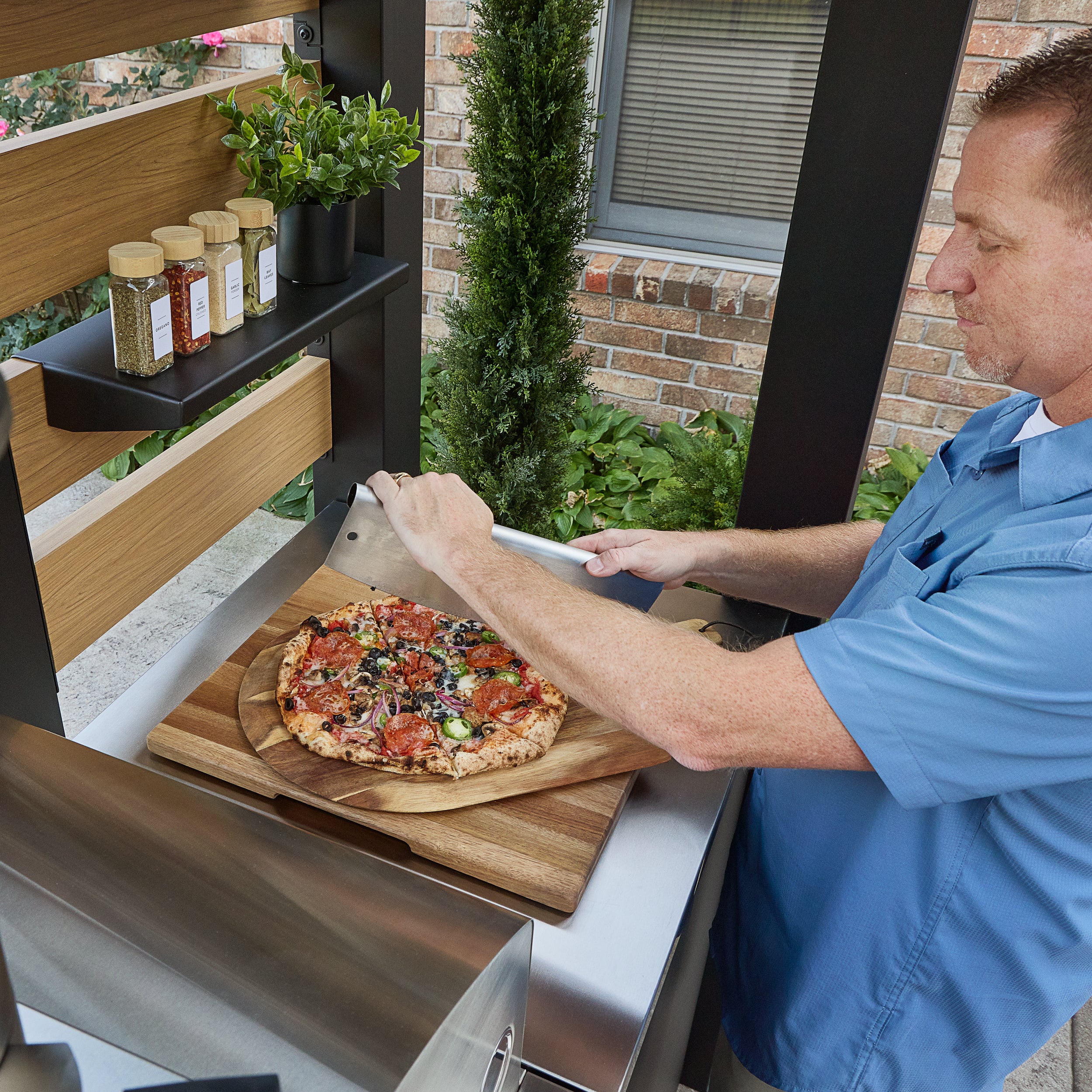 Fusion Flame 2 Outdoor Kitchen with Grill, Pizza Oven, and Refrigerator