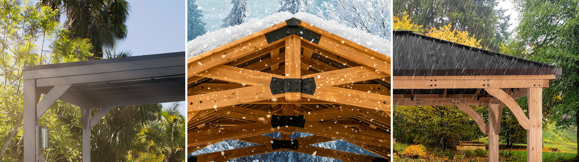 Three distinct Backyard Discovery gazebos in the sun, snow and rain