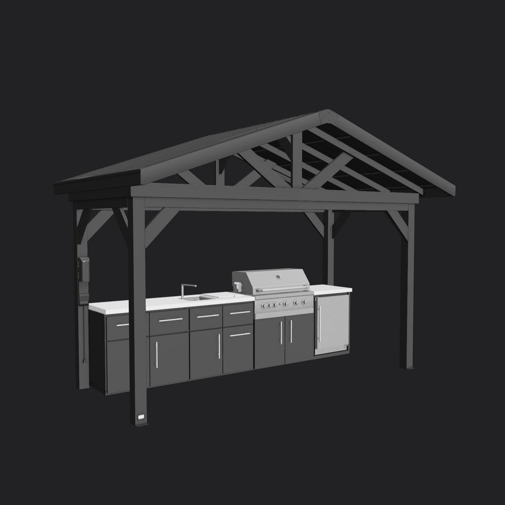 Gabled pavilion sheltering Lancaster outdoor kitchen cabinets with built-in grill, sink, and engineered stone countertop.
