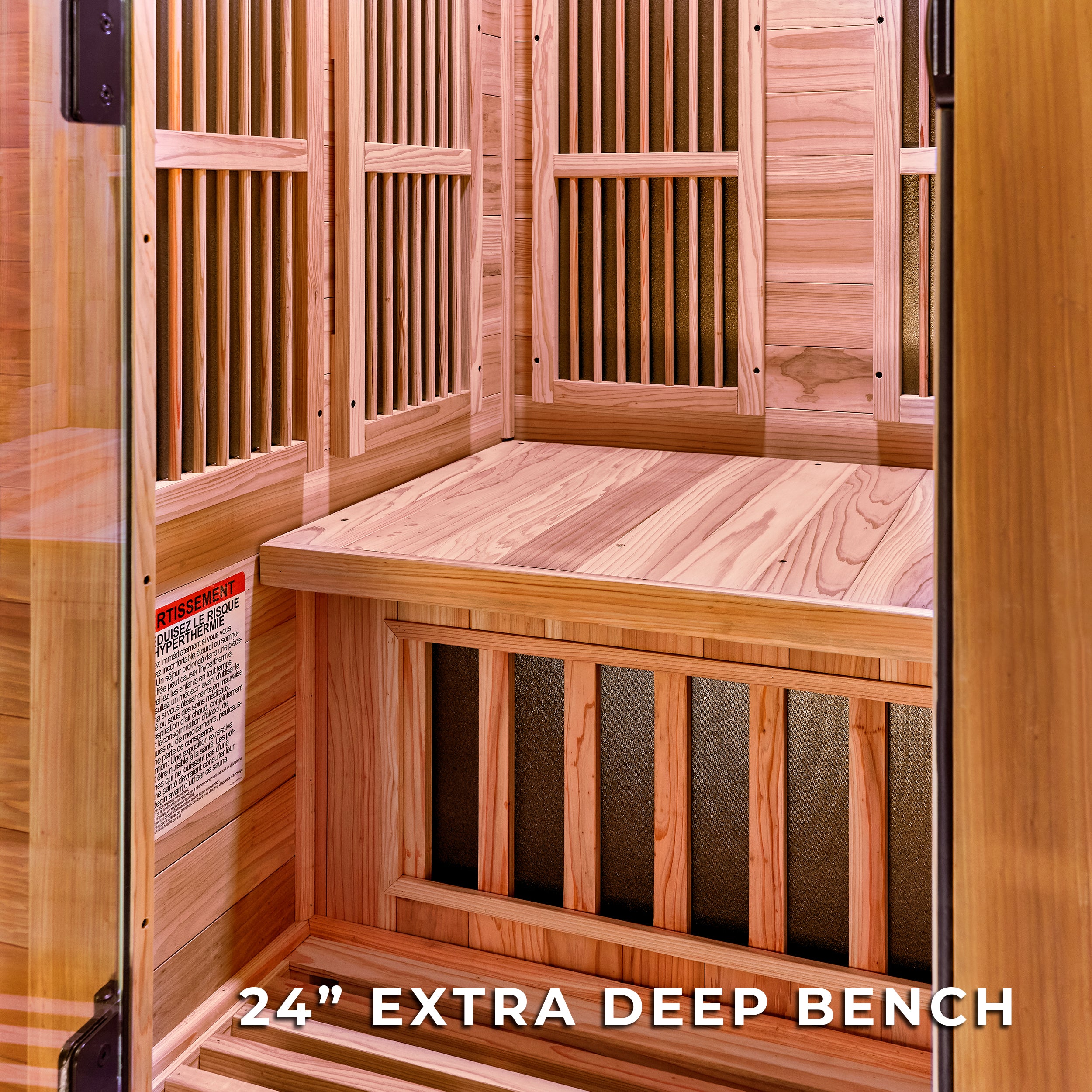 24-inch deep cedar bench and infrared heating panels in Rylan 1 person personal home sauna