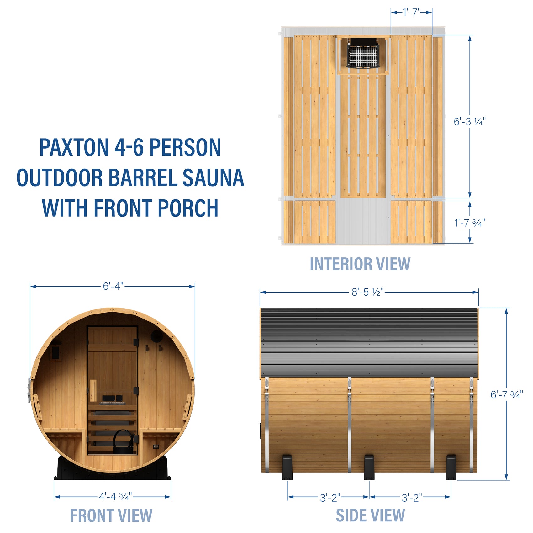 Technical diagram of Paxton 4-6 person outdoor barrel cedar sauna with porch showing dimensions | stacked