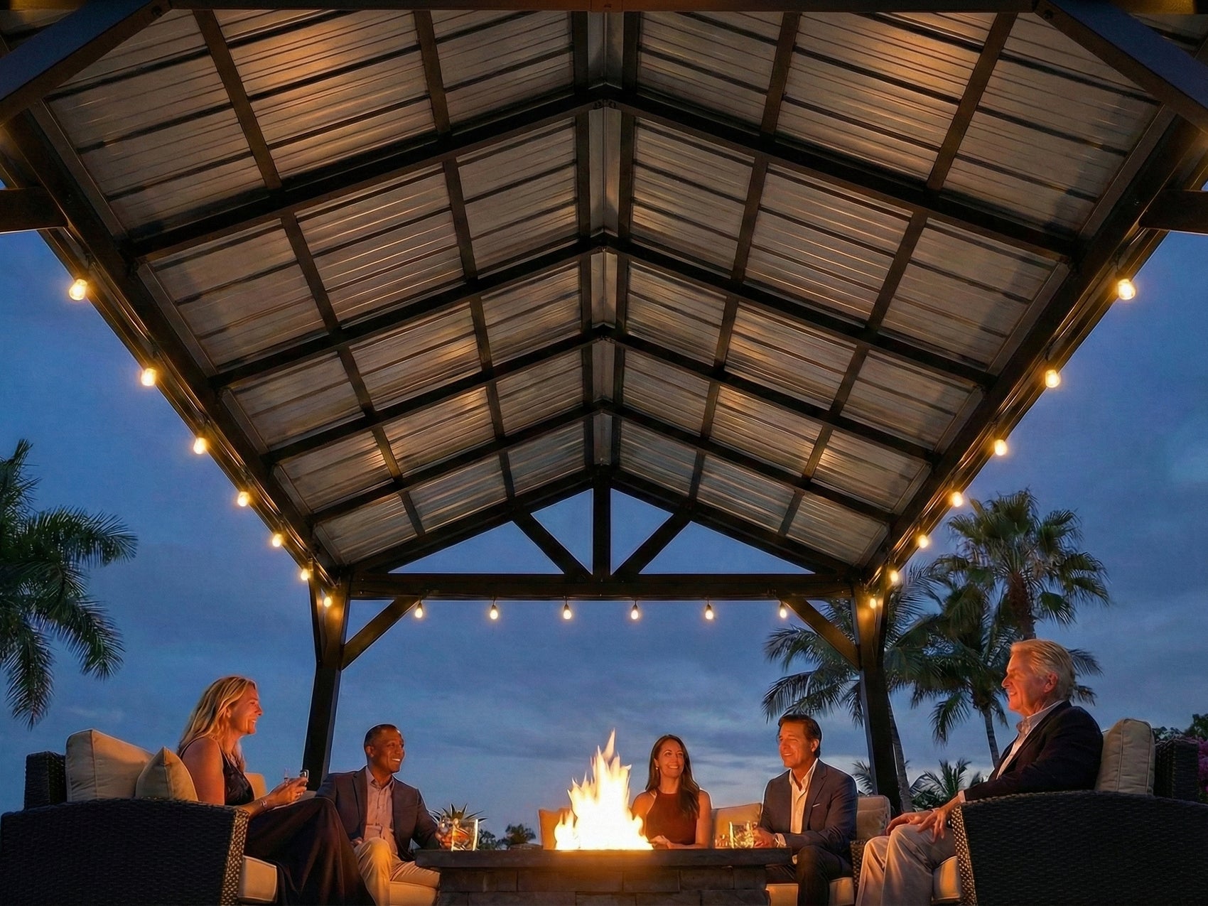 Lancaster metal gazebo with hardtop roof and string lights sheltering group gathered around fire pit in tropical backyard.