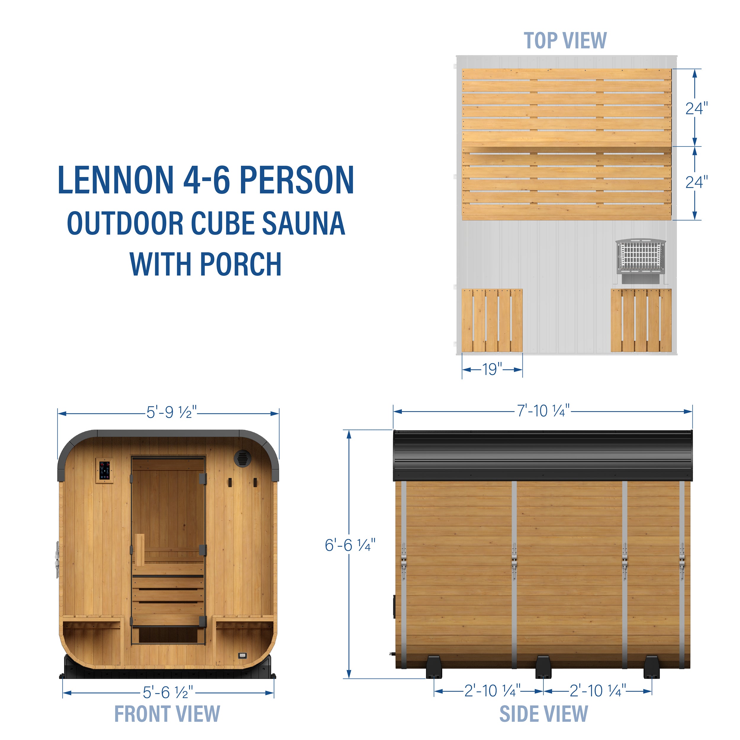 Technical diagram of Lennon 4-6 person outdoor cube sauna with porch showing dimensions