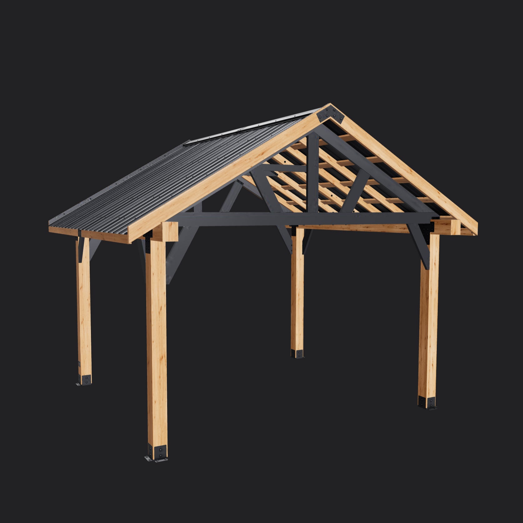 Range Outdoor Living Lodge gazebo with powder-coated steel metal roof and natural wood posts on dark background.