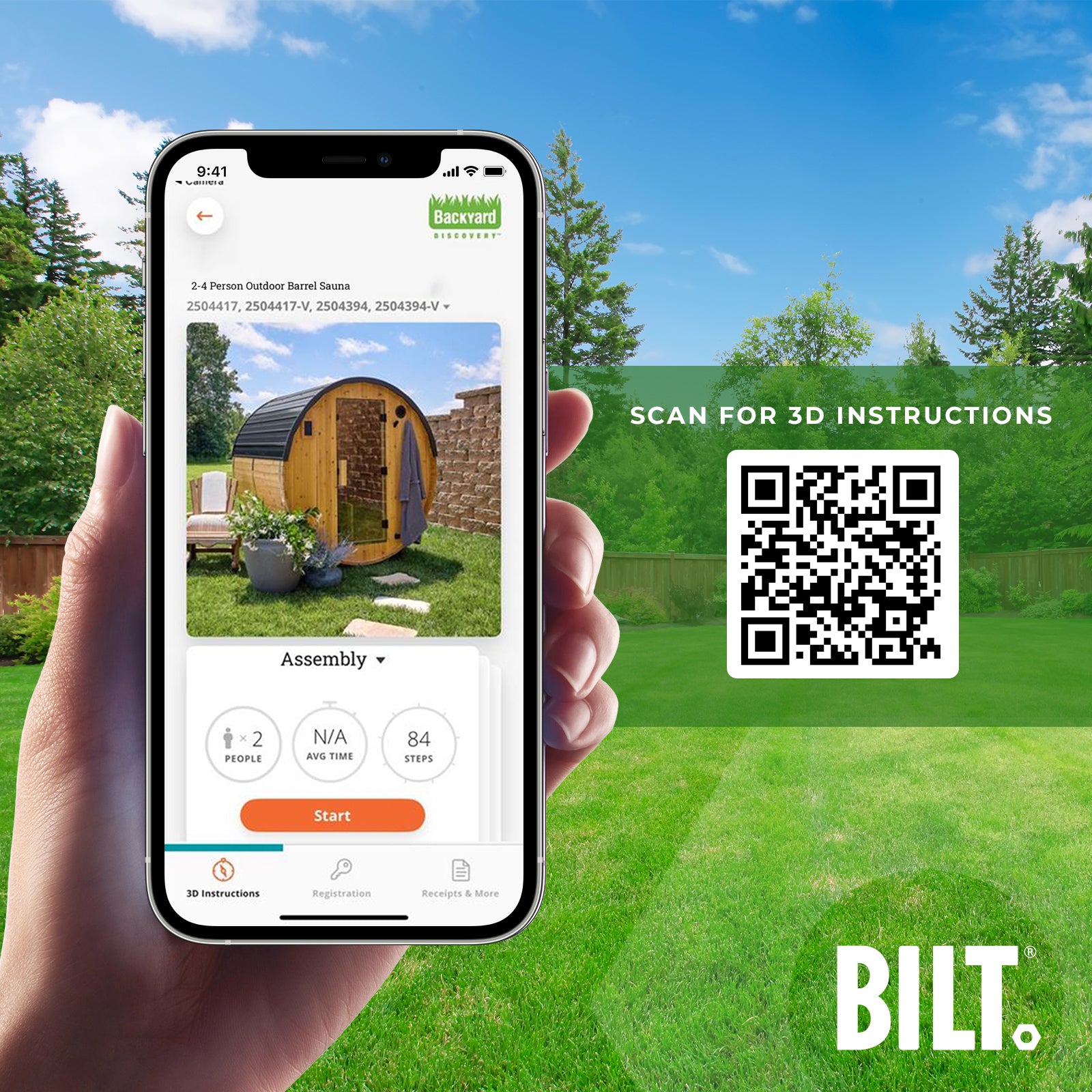 Phone with BILT app and QR code for Paxton outdoor barrel sauna kit instructions for easy DIY assembly