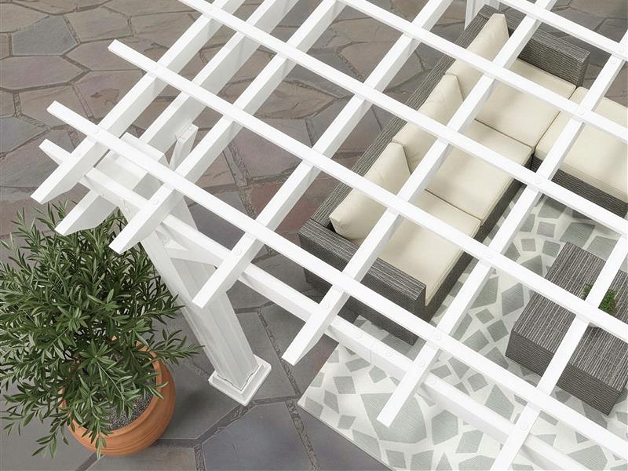 Range Outdoor Living white Stratford steel pergola with roof with crossbeam trellis design over patio with seating.