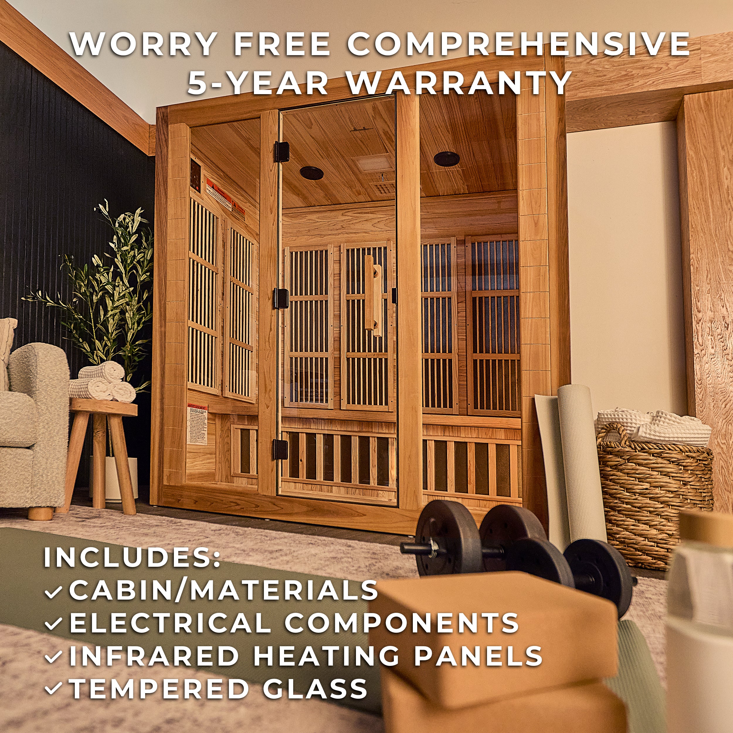 Rylan 4 person indoor infrared cedar home sauna in gym setting with 5-year warranty badge