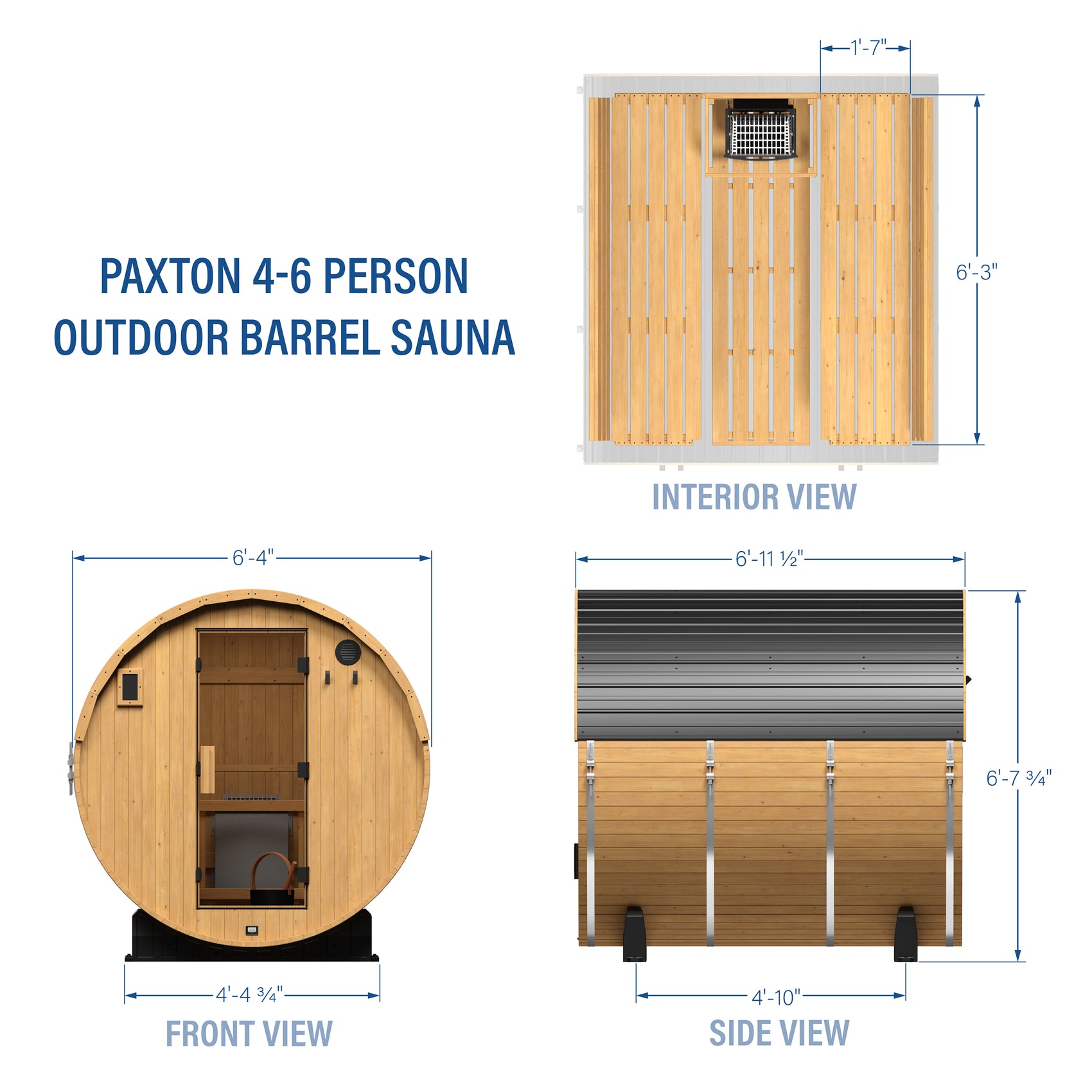 Technical diagram of Paxton 4-6 person outdoor barrel cedar sauna showing top, front, and side view dimensions | stacked