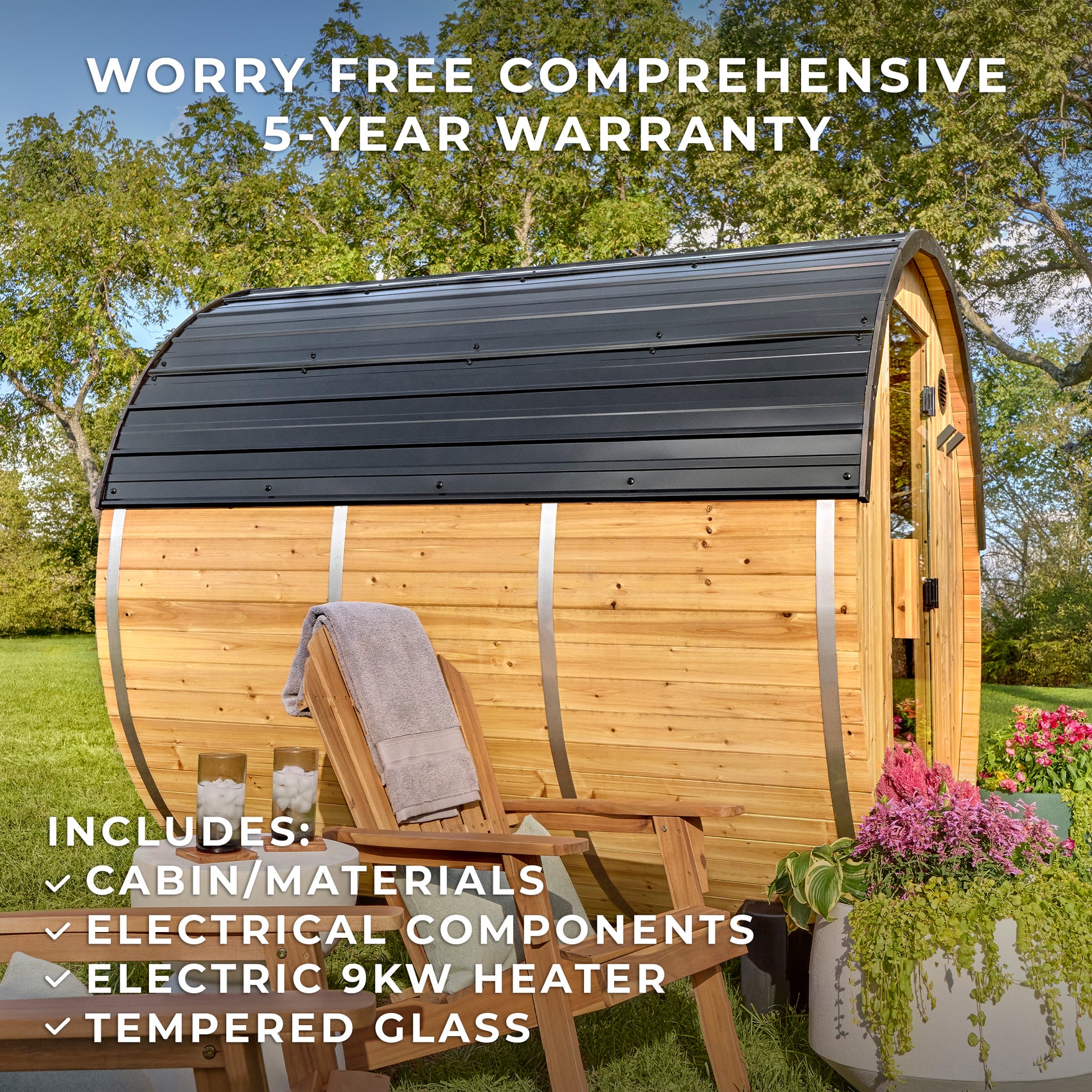 Paxton cedar barrel backyard sauna with all-weather steel roof and Adirondack chair in relaxing setting