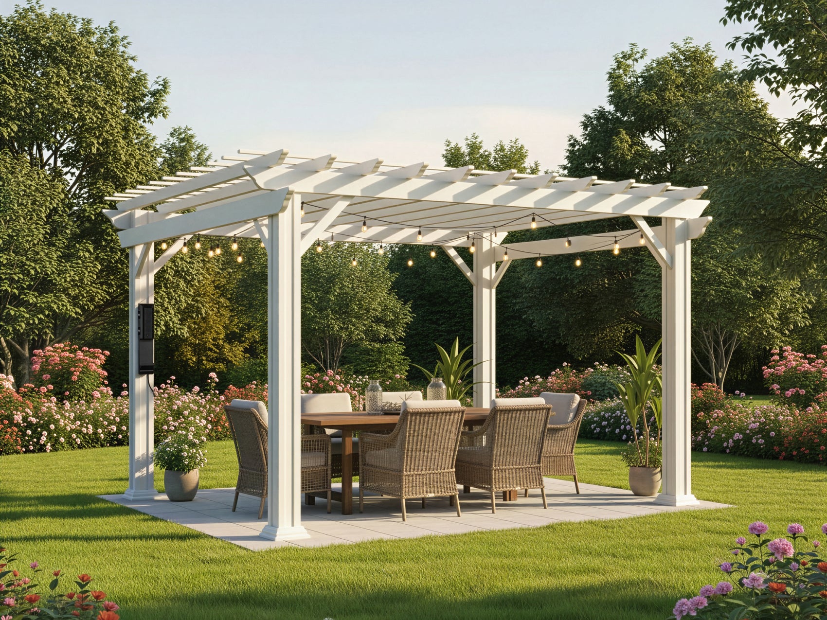White powder-coated galvanized steel deck pergola with open trellis roof over dining area in garden with string lights.