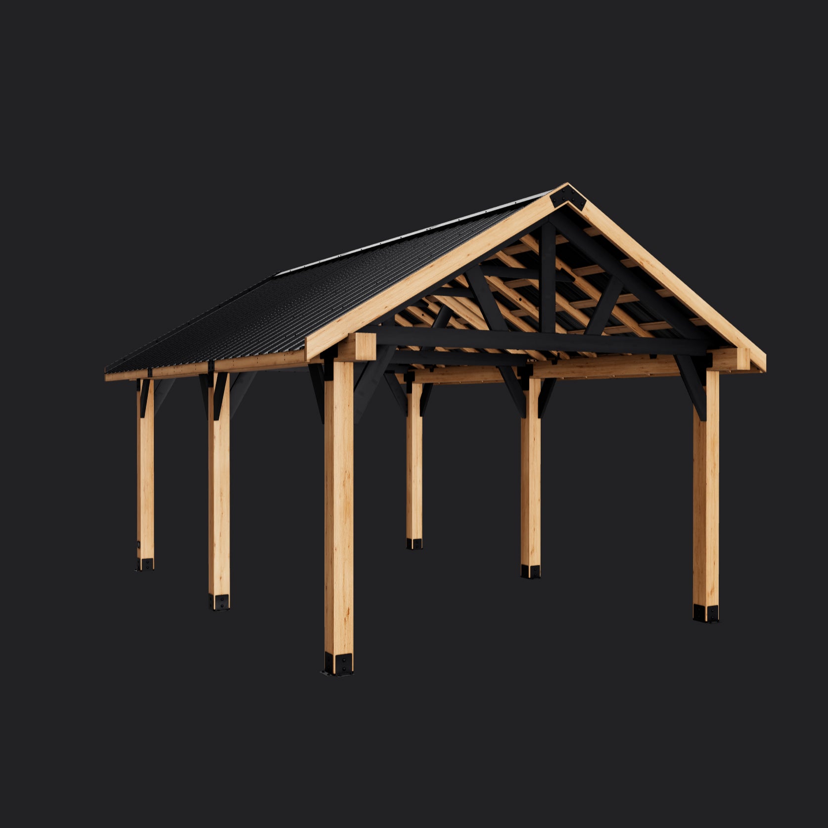 Garden Lodge gazebo with powder-coated steel frame, open metal roof design, and natural wood posts against dark background.