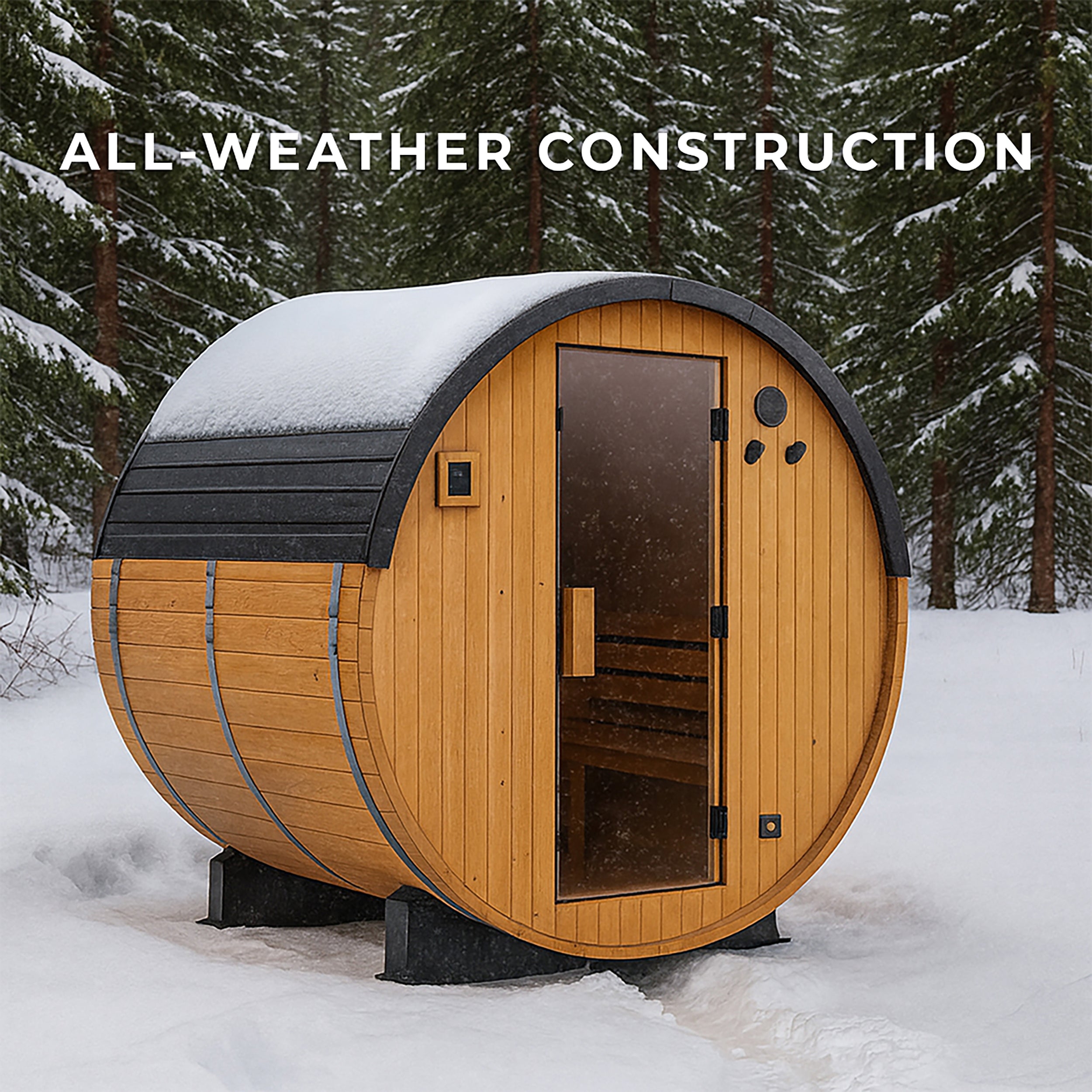 All-weather Paxton 4-6 person outdoor barrel sauna with black steel roof in snowy backyard