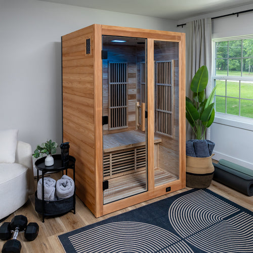 Backyard Discovery Rylan 2 person cedar infrared home sauna with chromotherapy lighting in modern interior