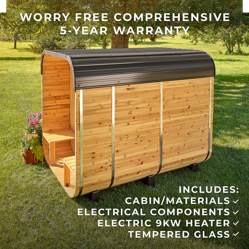 Modern outdoor cube sauna with cedar panel construction and covered porch on backyard lawn