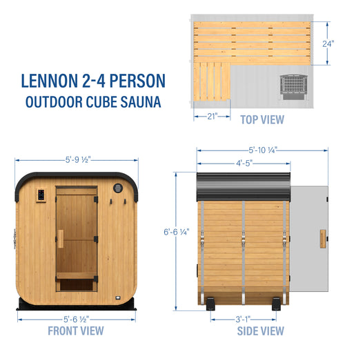 Lennon 2-4 person outdoor cube sauna technical diagram showing US measurement dimensions | stacked