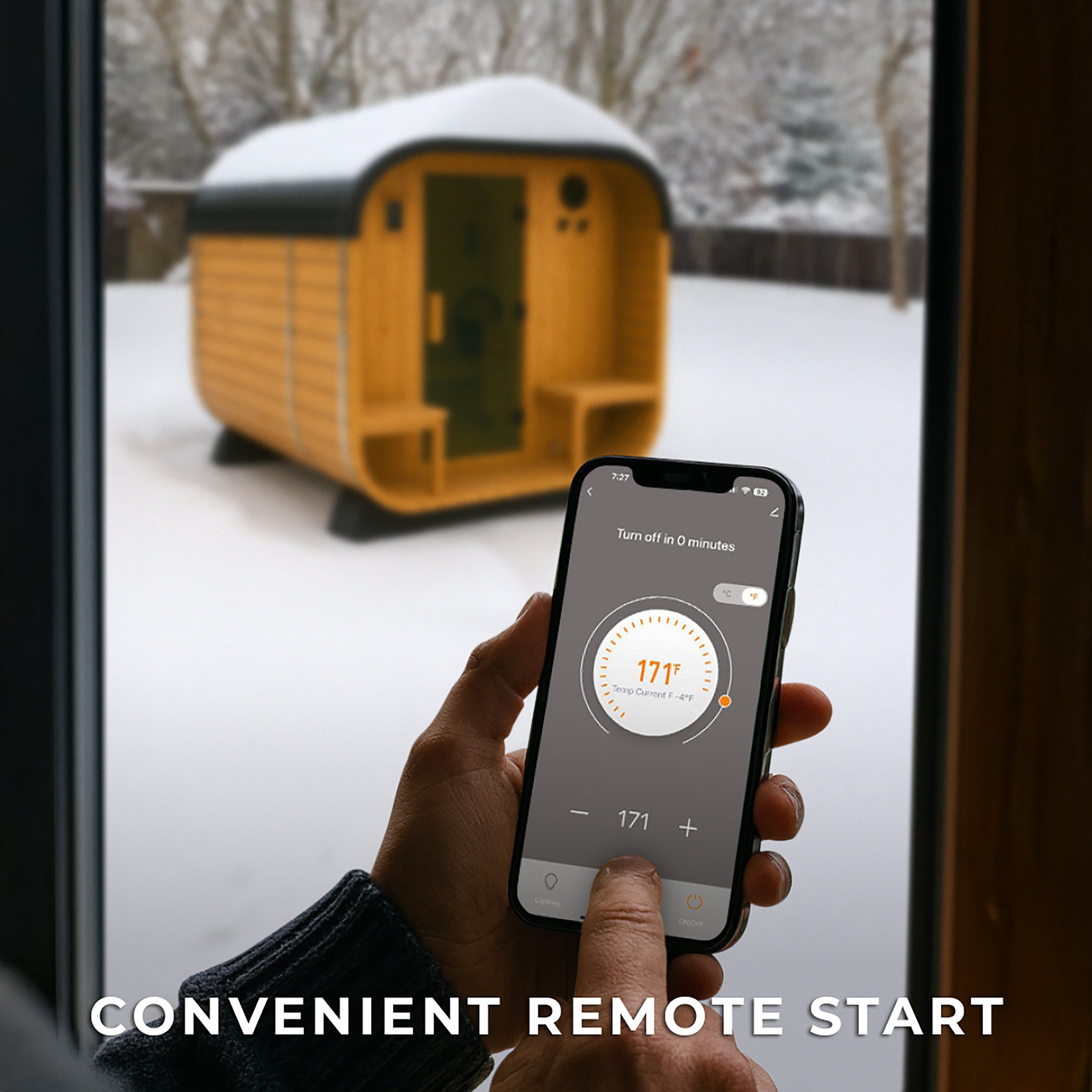Remote preheat the Lennon 2-4 person outdoor cube sauna with porch using the smartphone app