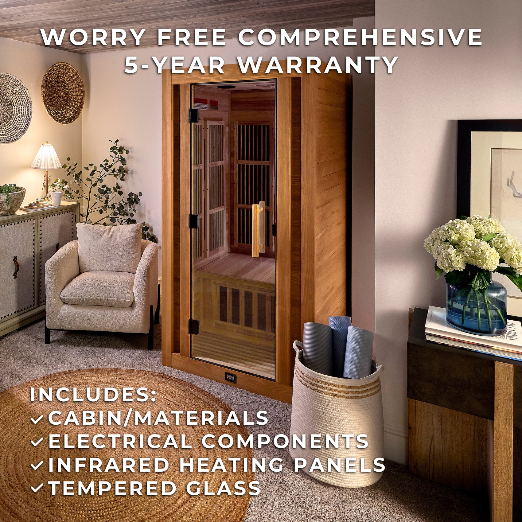Rylan 1 person cedar personal infrared sauna in modern home setting with yoga mats