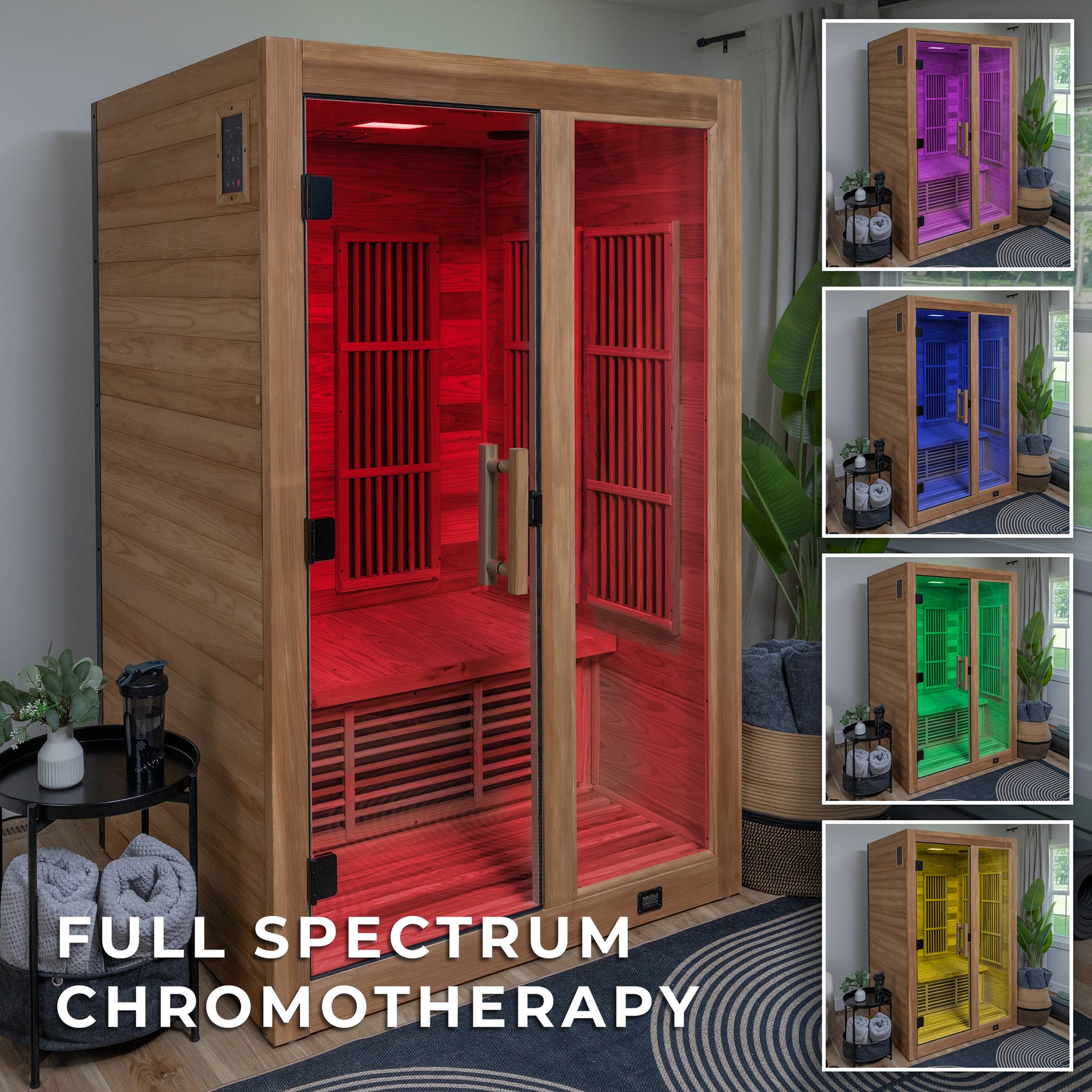 Rylan indoor infrared 2 person home sauna with full spectrum chromotherapy lighting showing color options