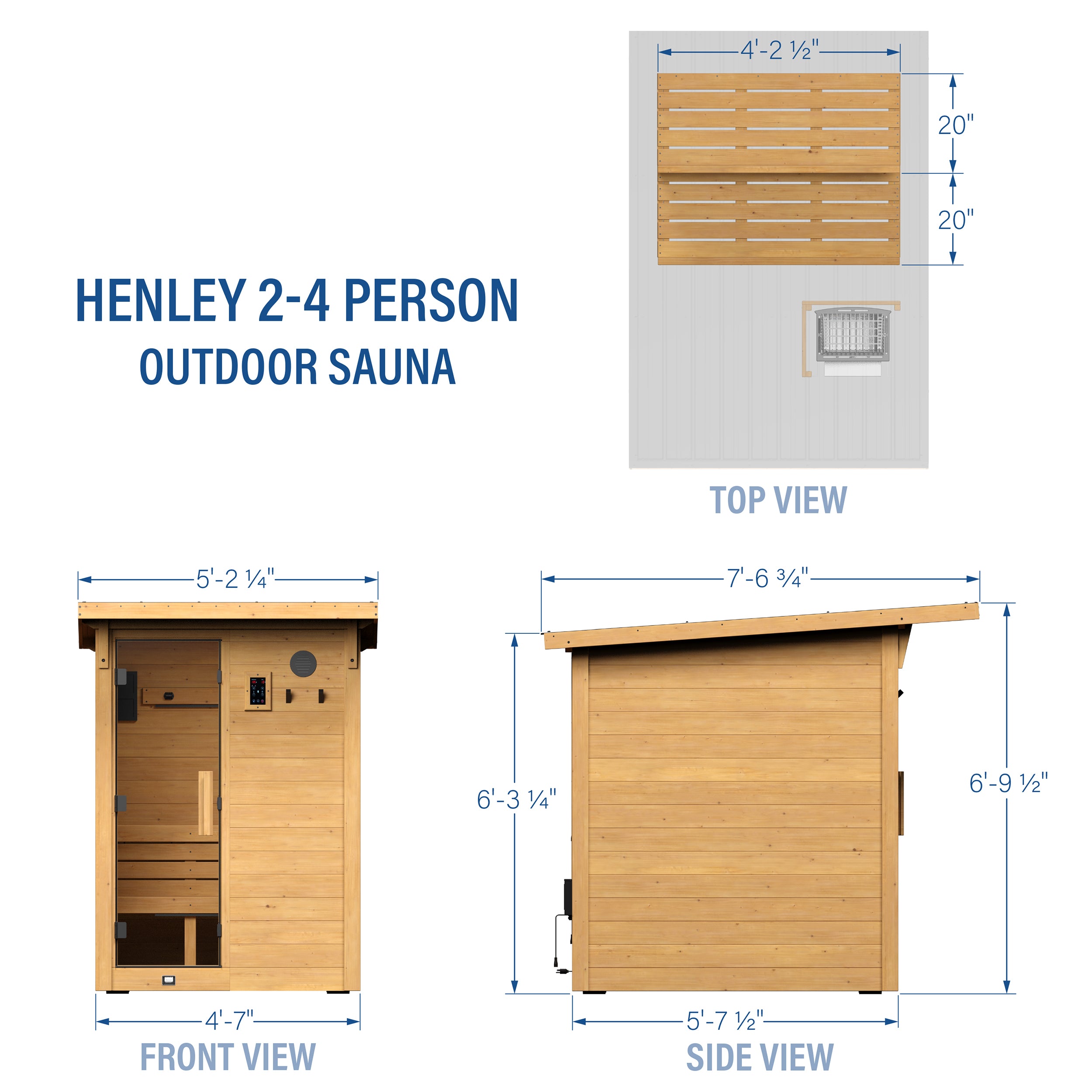 Henley 2-4 person outdoor cabin sauna dimensions showing top front and side views with measurements