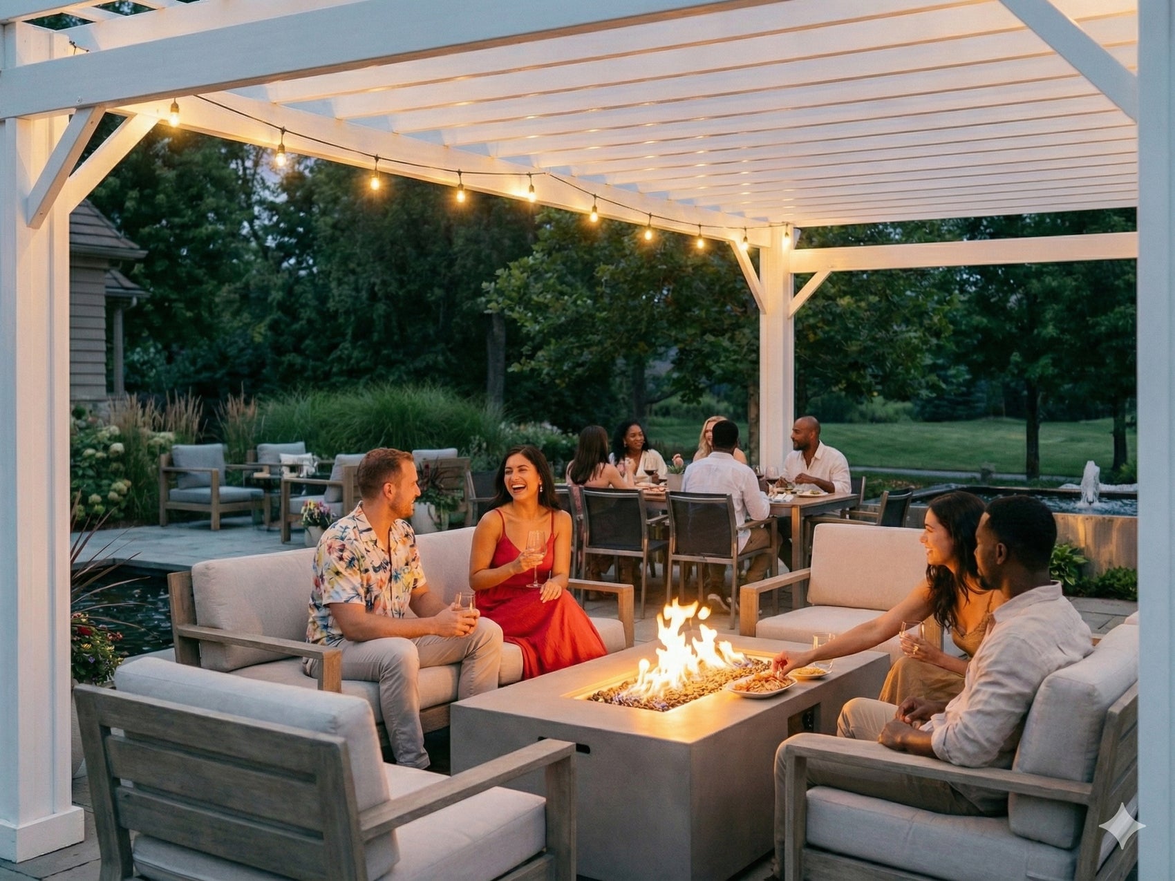 White Stratford steel pergola backyard shade structure with fire pit seating area and string lights at evening gathering.