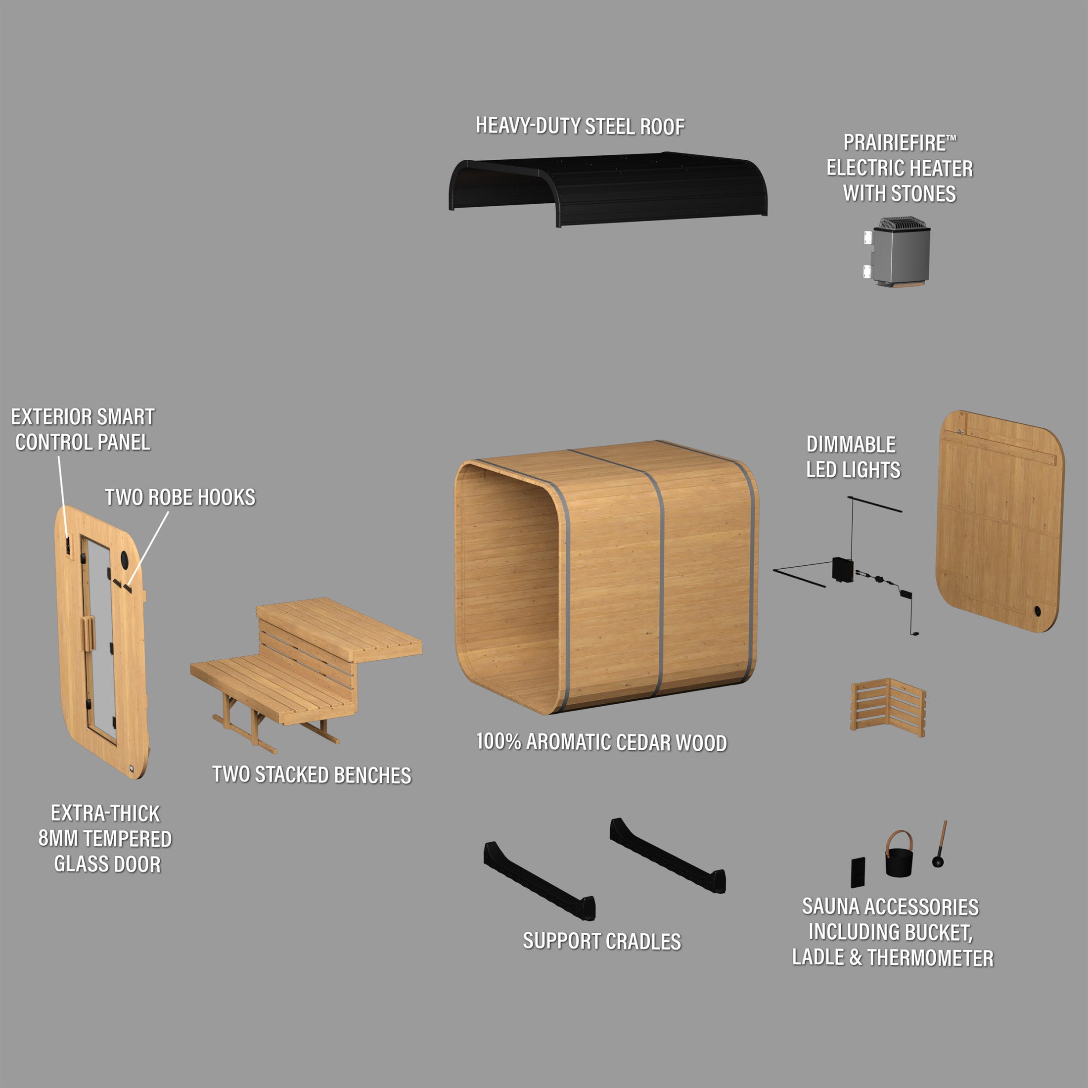 Diagram of 4-6 person Lennon cube sauna kit showing steel roof, electric heater, glass door, and accessories