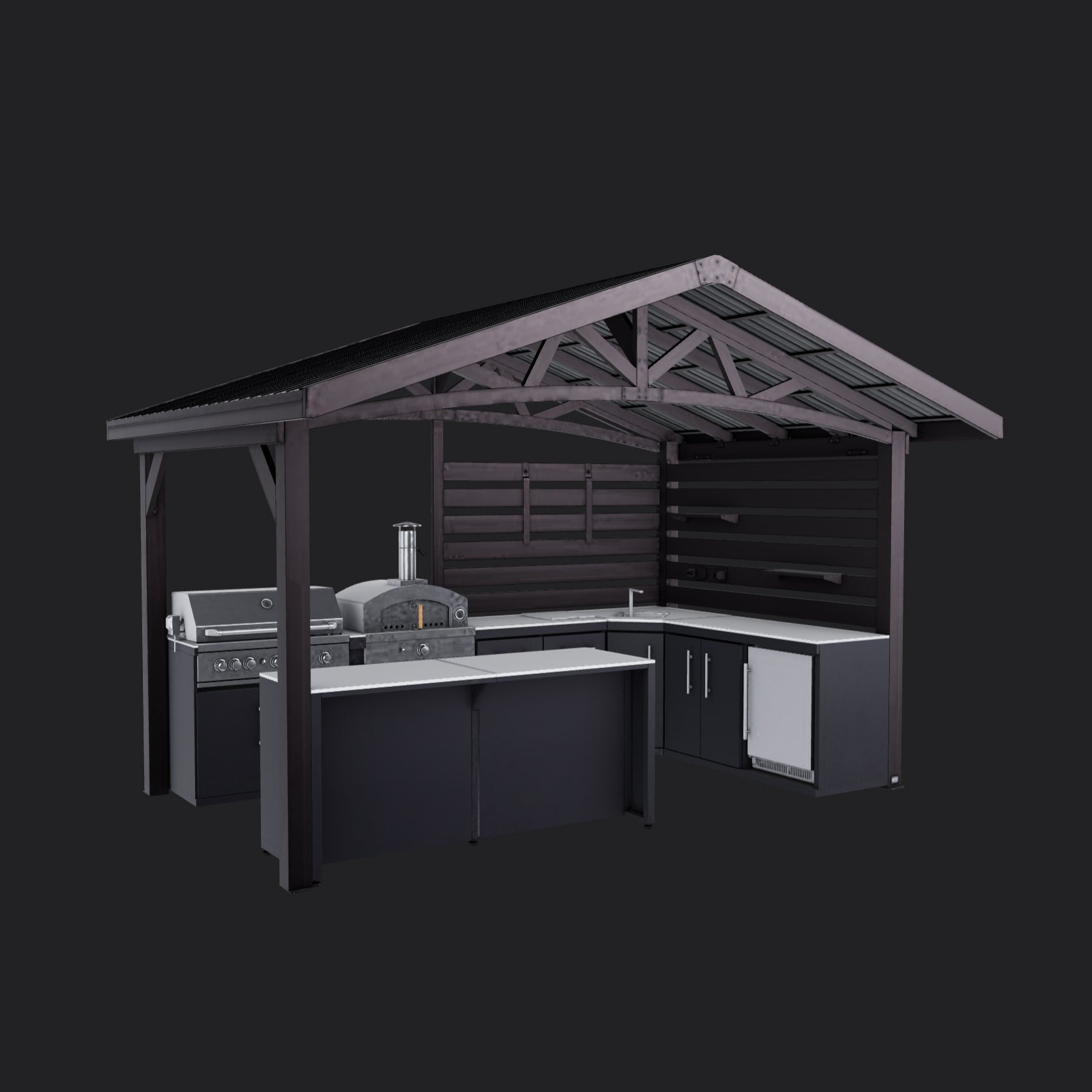 Langston Outdoor kitchen pavilion with grill, pizza oven, stainless steel cabinets, refrigerator and countertops.