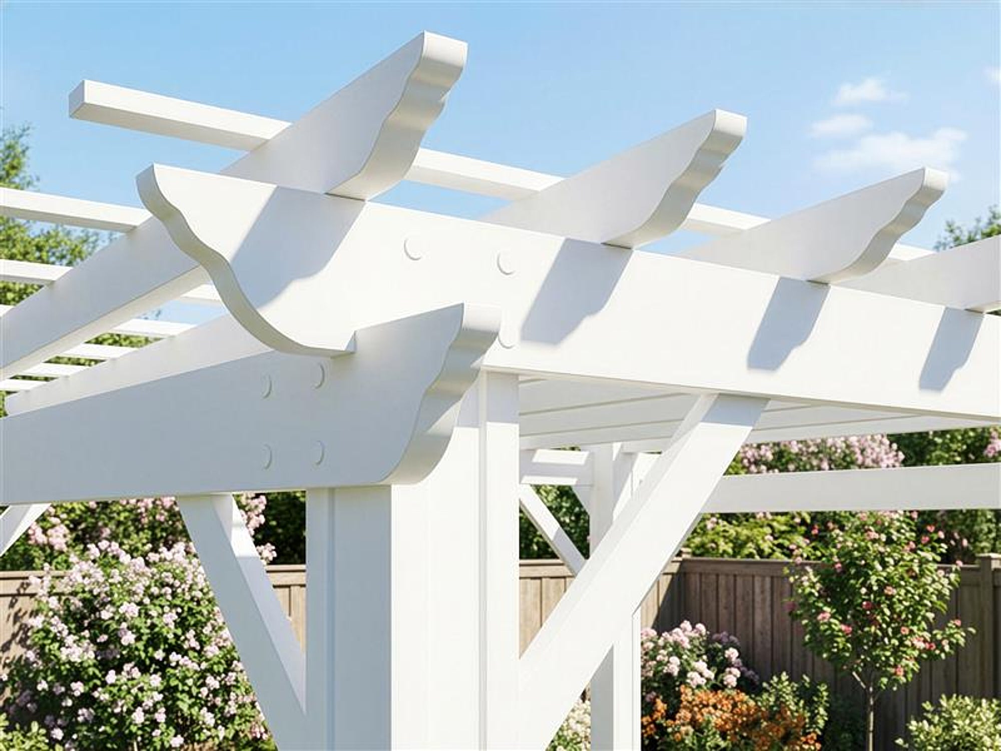 White powder-coated Stratford steel pergola roof detail with curved decorative rafter tails and trellis crossbeam pattern.