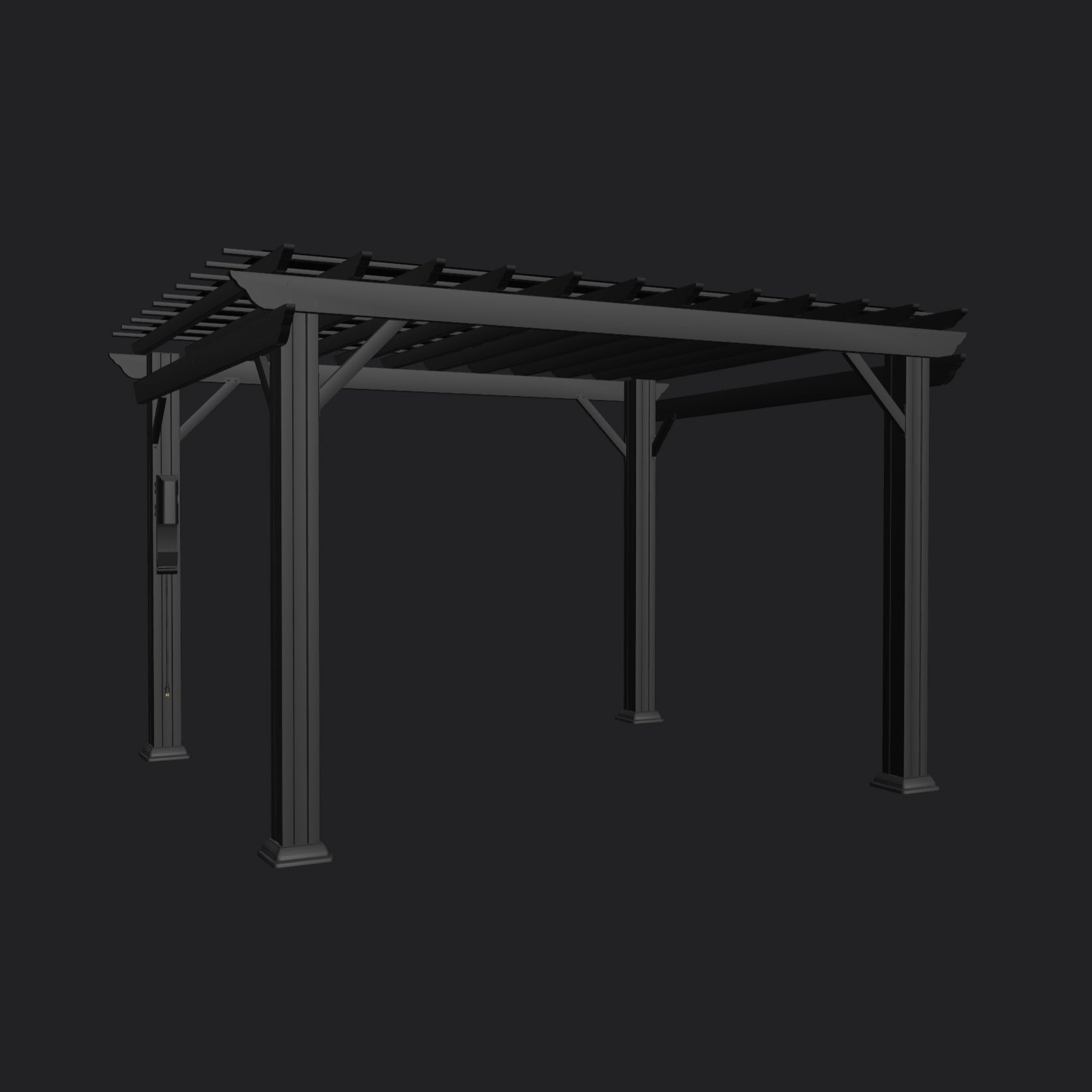 Modern Stratford pergola with black powder-coated steel frame, decorative columns, and slatted trellis roof.