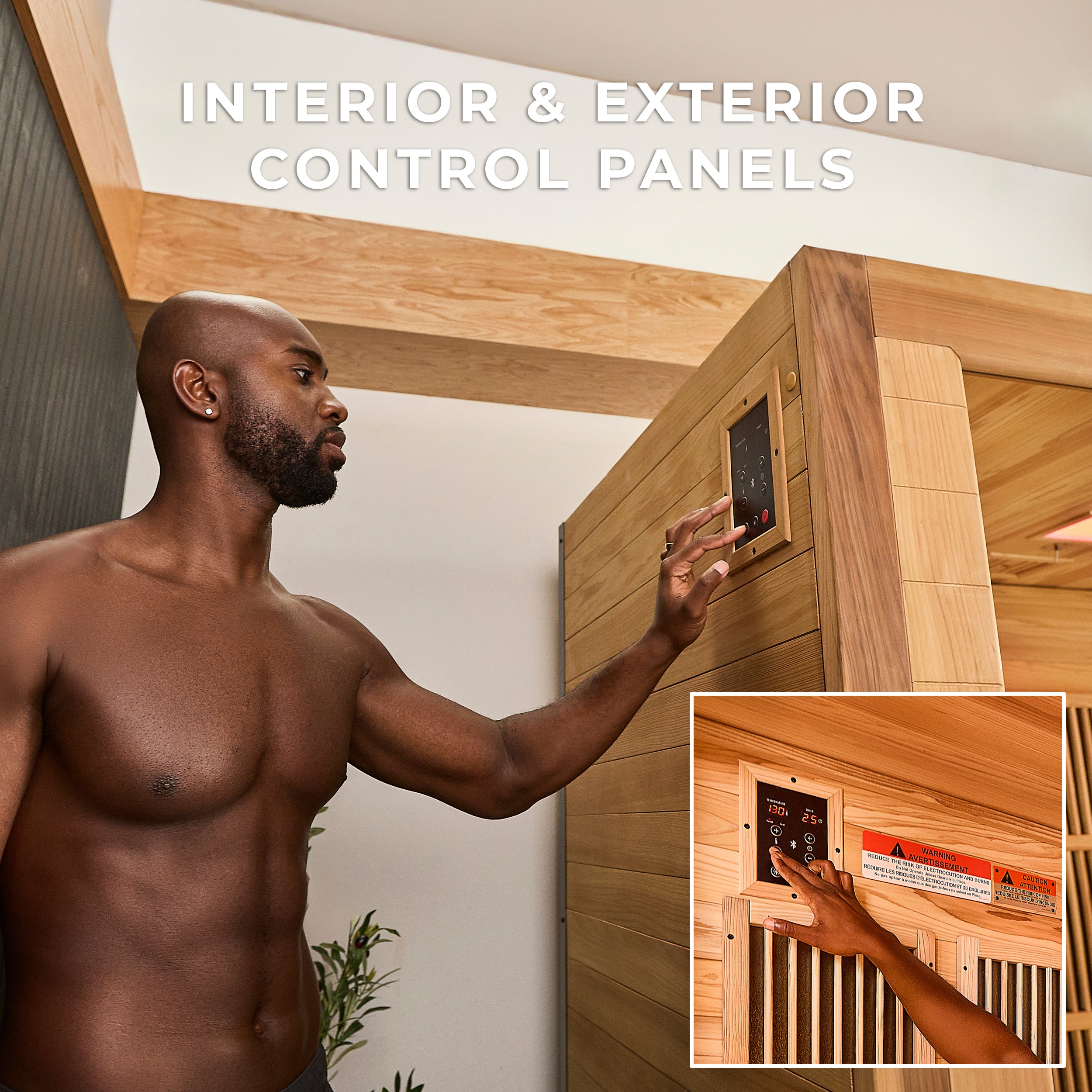 Man adjusting digital controls on Rylan 4 person corner infrared home sauna with inset of exterior panel
