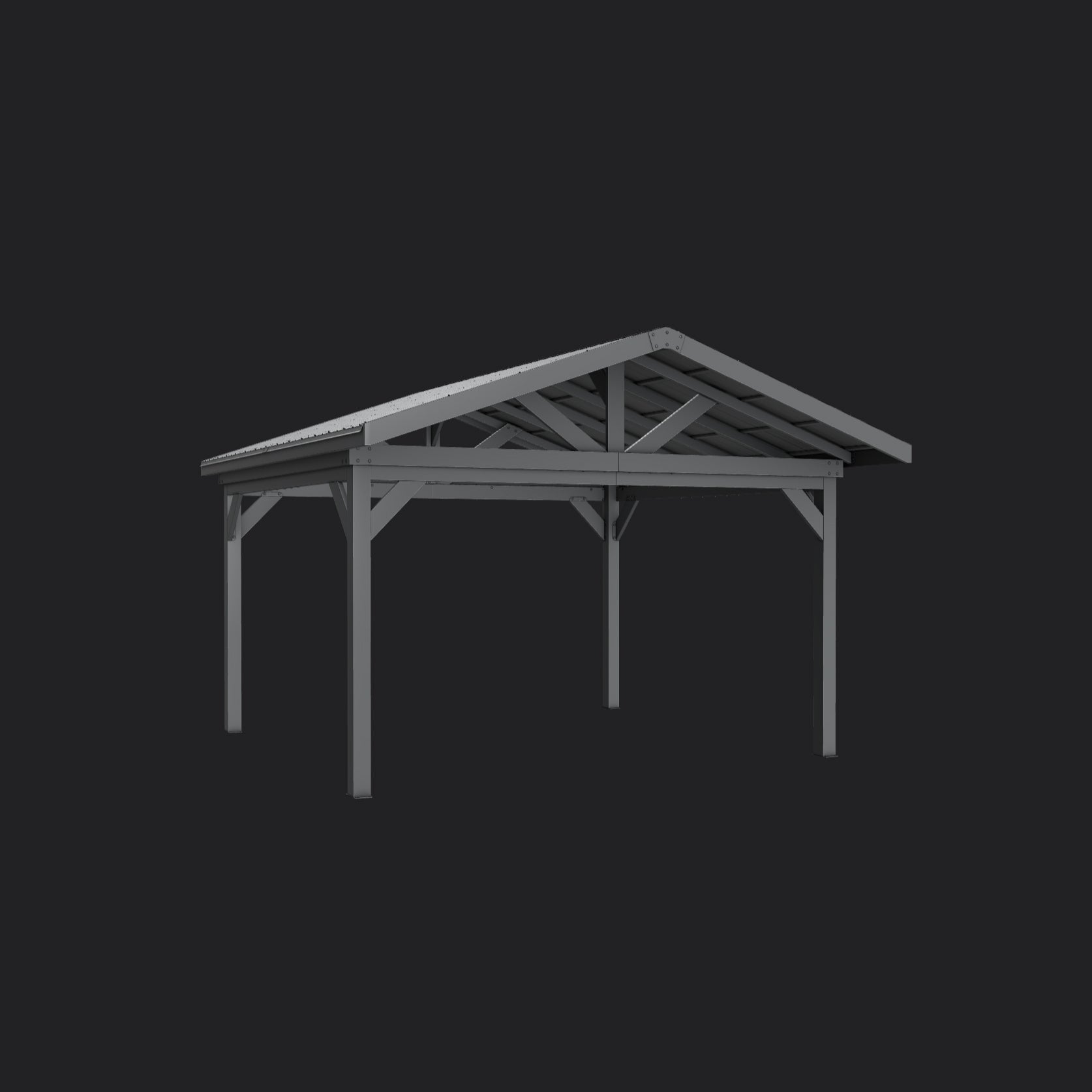 Steel Lancaster outdoor gazebo with gabled hardtop roof and exposed triangular truss system supported by vertical posts.