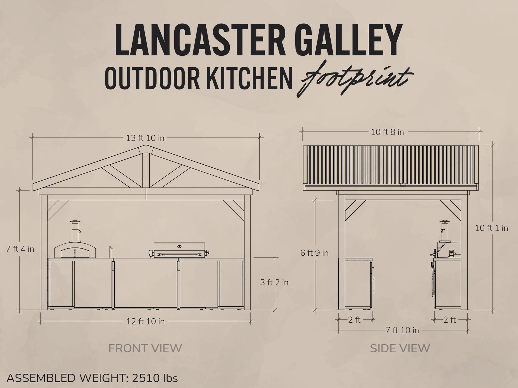 Diagram of Lancaster Galley outdoor kitchen with dimensions on a beige background