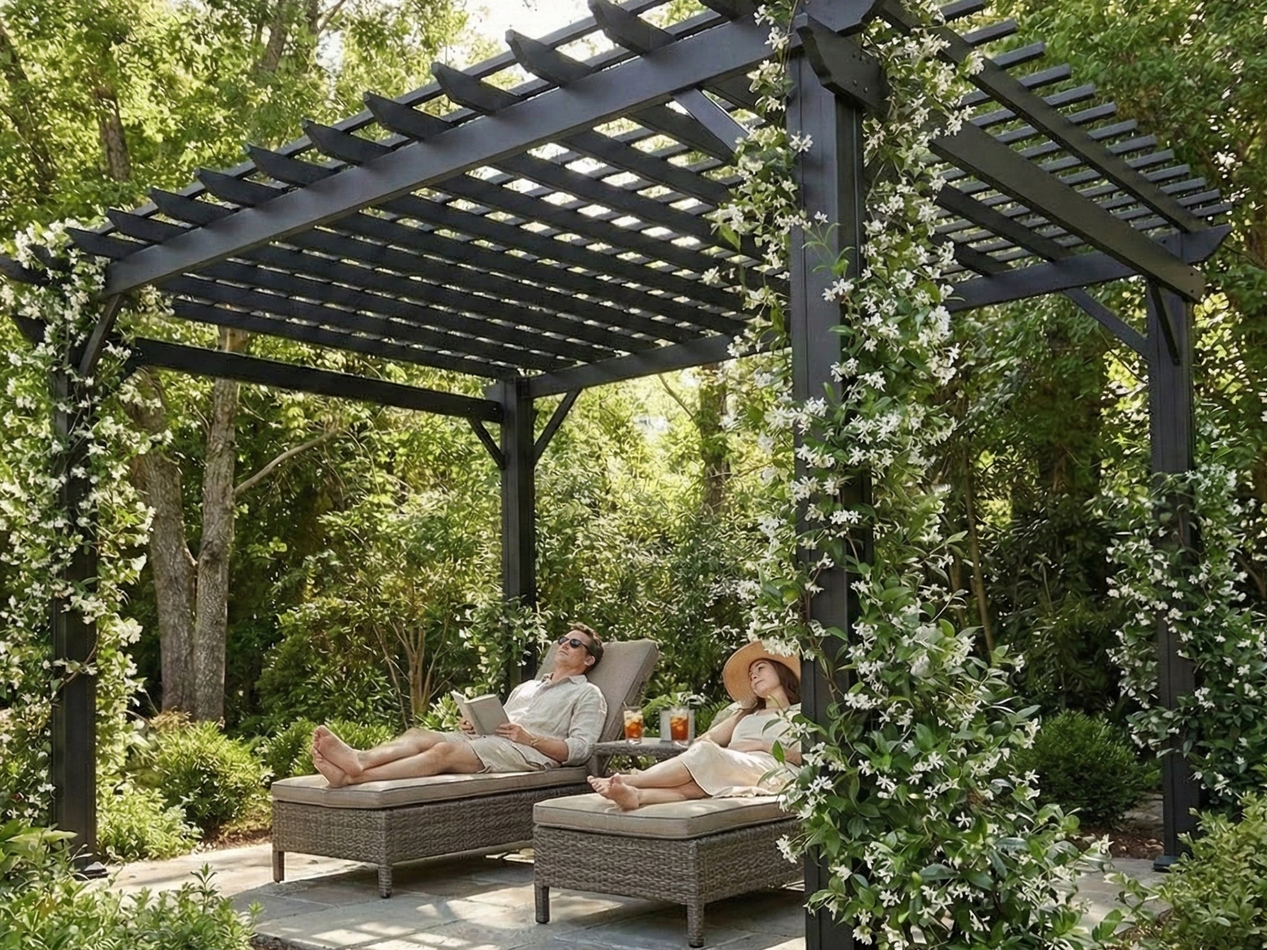 Black powder-coated steel outdoor shade structure with trellis roof over two loungers in garden with white flowering vines.