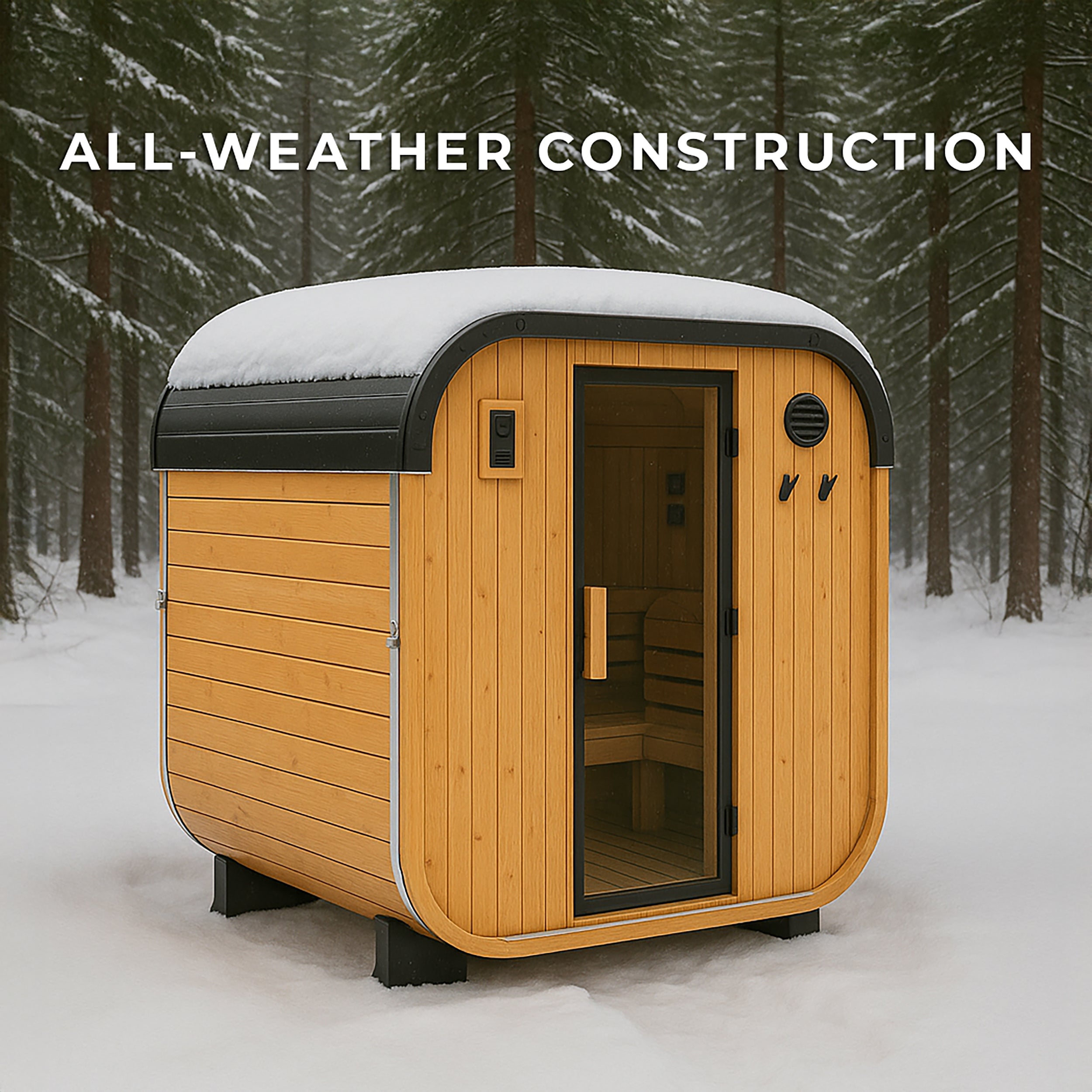 All-weather Lennon 2-4 person outdoor cube sauna with glass door and steel roof in snowy backyard