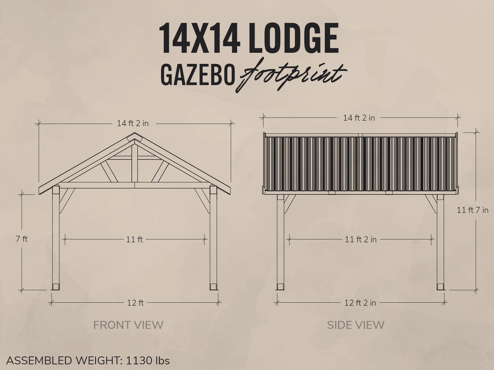 Dimensions and layout of a 14x14 Lodge Gazebo on a beige background