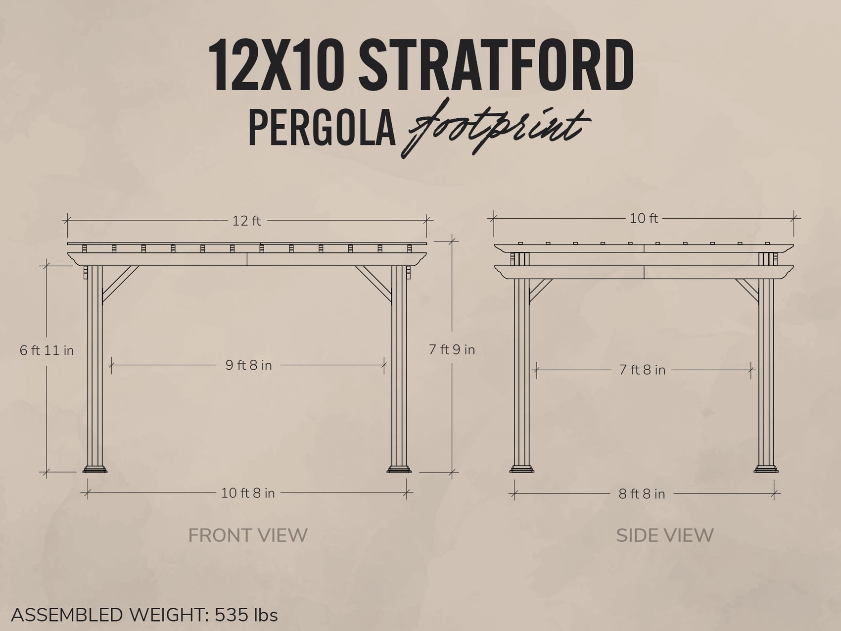 Dimensions of a 12x10 Stratford pergola on a beige background